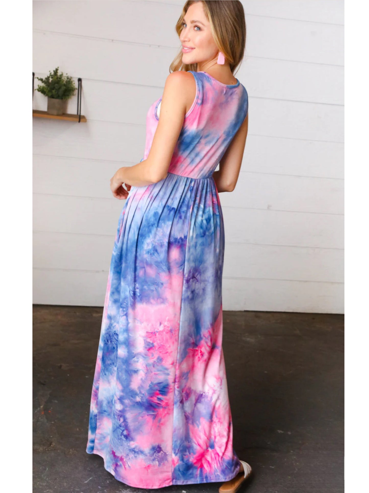 HAPTICS Pink & Blue Tie Dye Fit And Flare Sleeveless Maxi Dress Medium Only