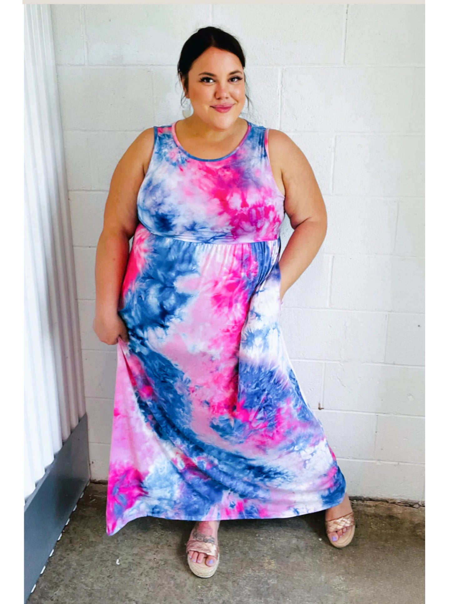 HAPTICS Pink & Blue Tie Dye Fit And Flare Sleeveless Maxi Dress Medium Only