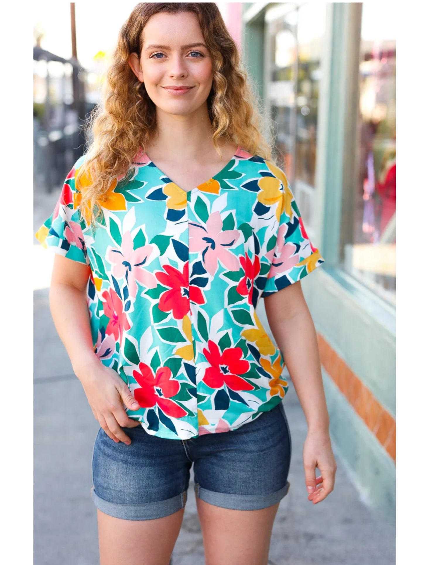 HAPTICS Teal & Coral Floral V Neck Top Super Soft Blouse Short Sleeve