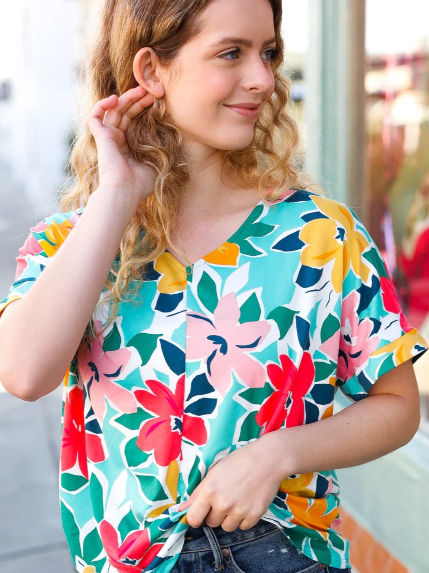 HAPTICS Teal & Coral Floral V Neck Top Super Soft Blouse Short Sleeve