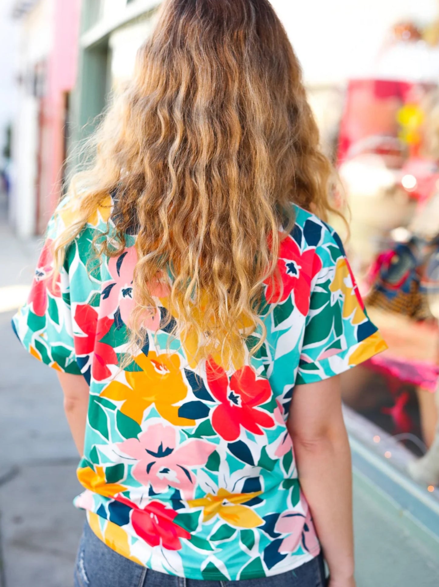 HAPTICS Teal & Coral Floral V Neck Top Super Soft Blouse Short Sleeve