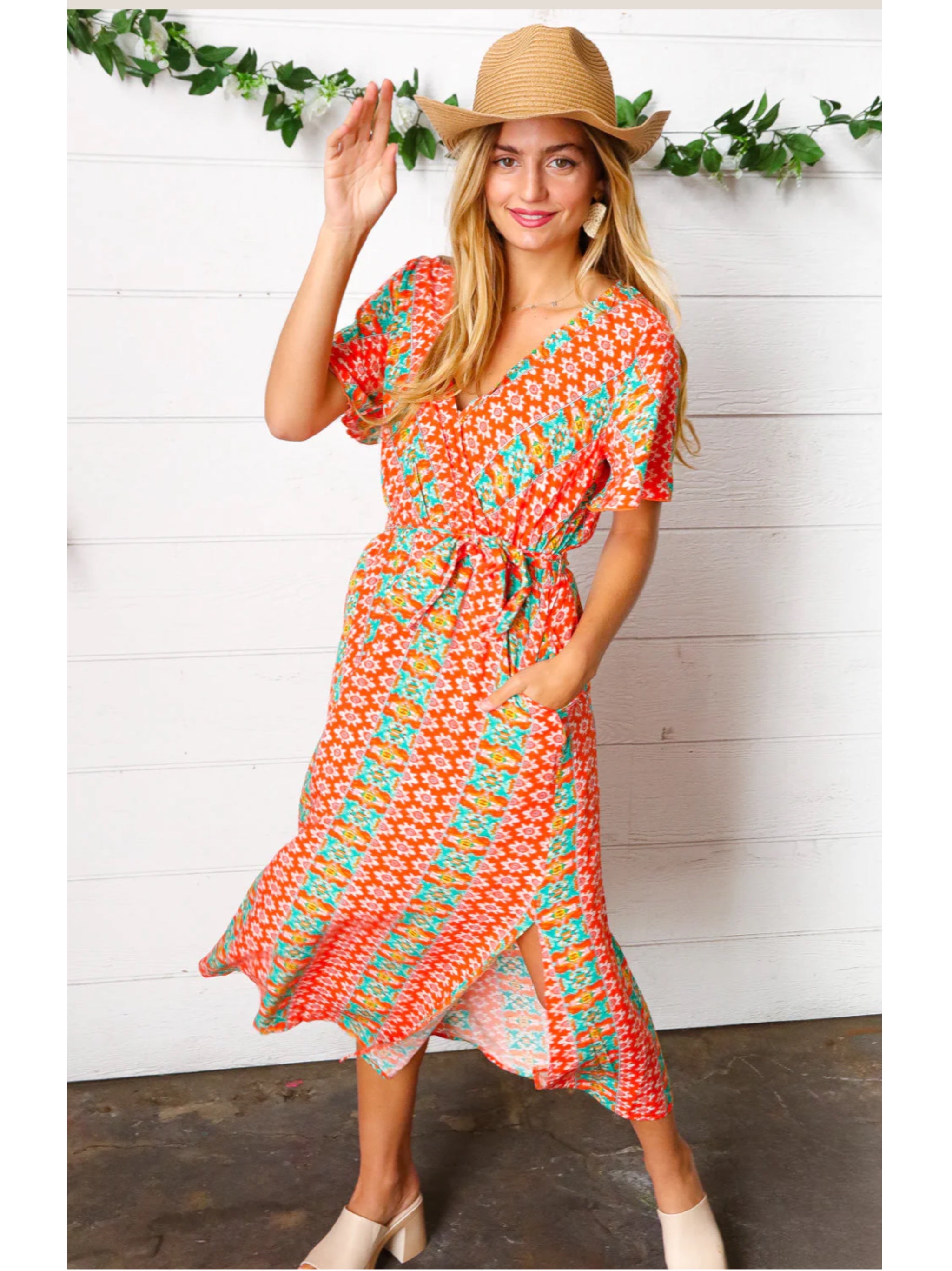 HAPTICS Orange Boho Print Surplice Sash Belt Midi Dress Short Sleeve