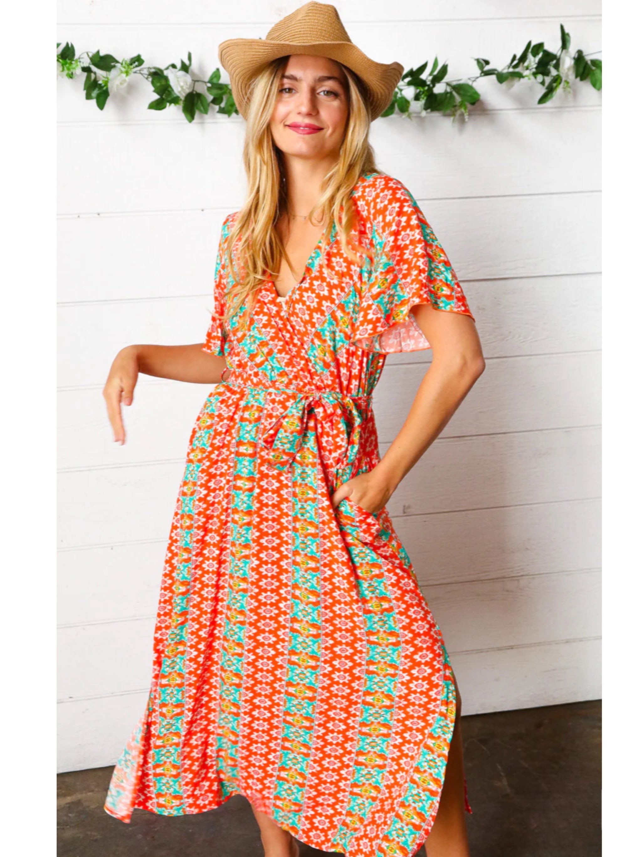 HAPTICS Orange Boho Print Surplice Sash Belt Midi Dress Short Sleeve