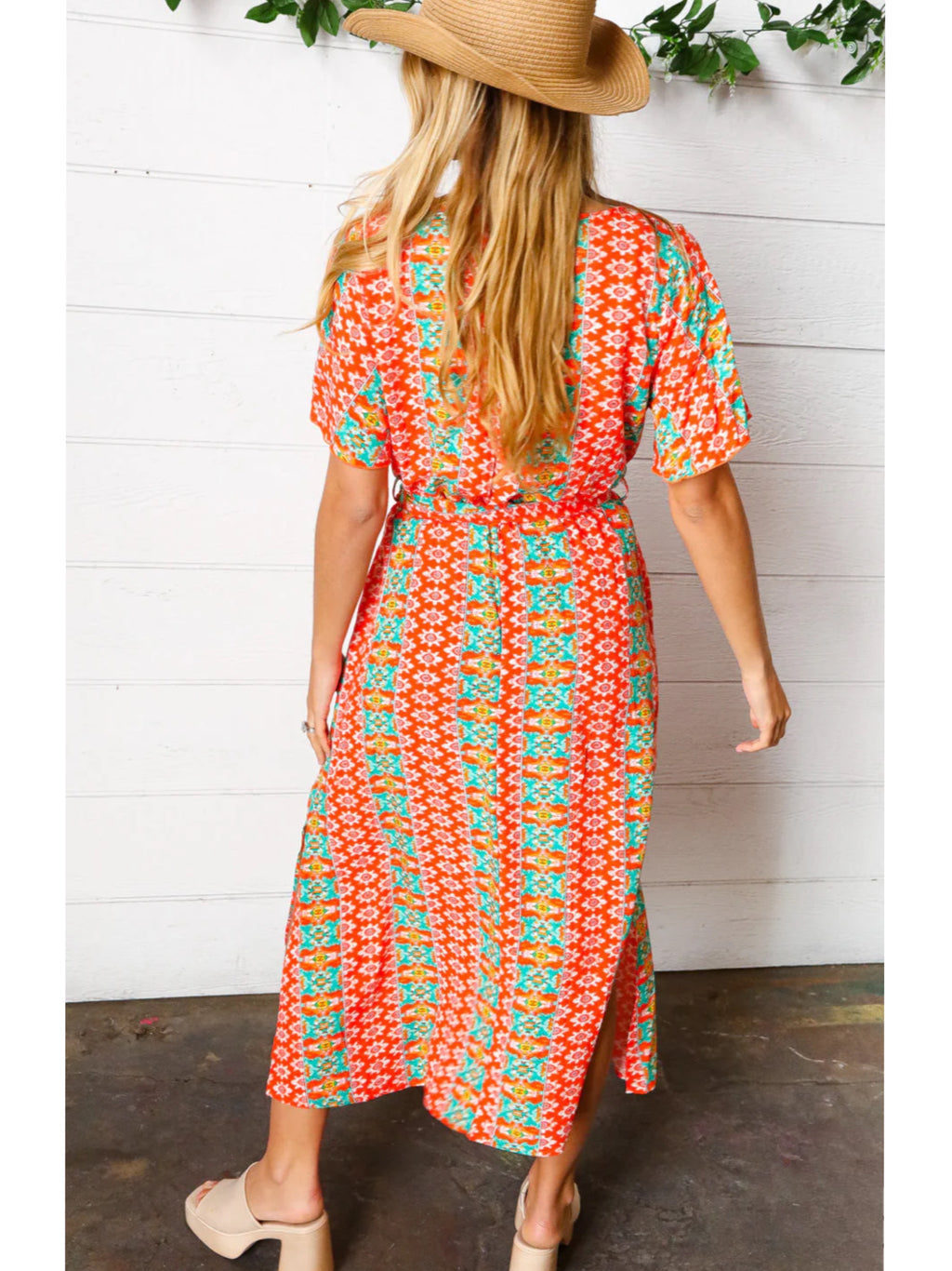 HAPTICS Orange Boho Print Surplice Sash Belt Midi Dress Short Sleeve
