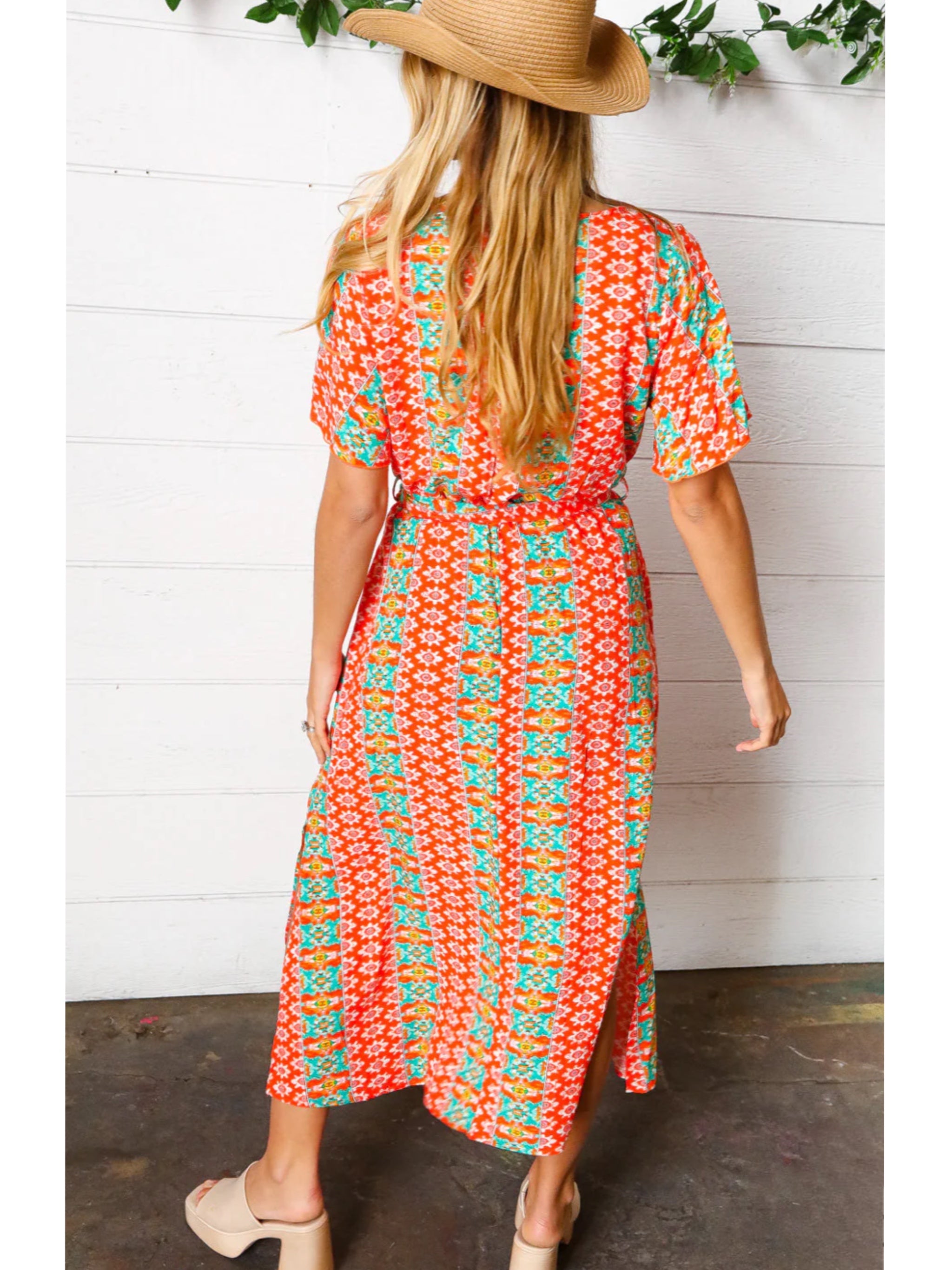 HAPTICS Orange Boho Print Surplice Sash Belt Midi Dress Short Sleeve