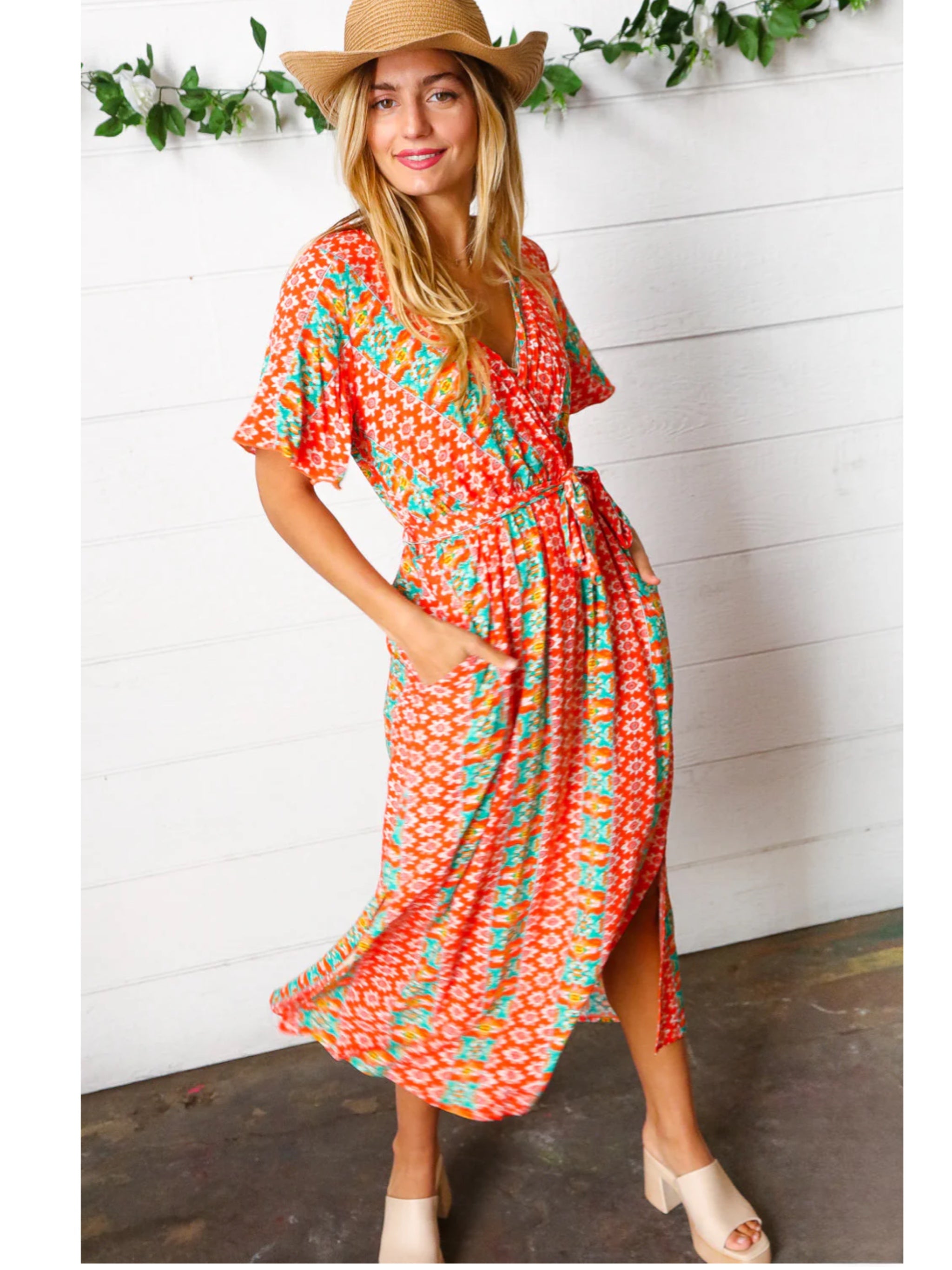 HAPTICS Orange Boho Print Surplice Sash Belt Midi Dress Short Sleeve