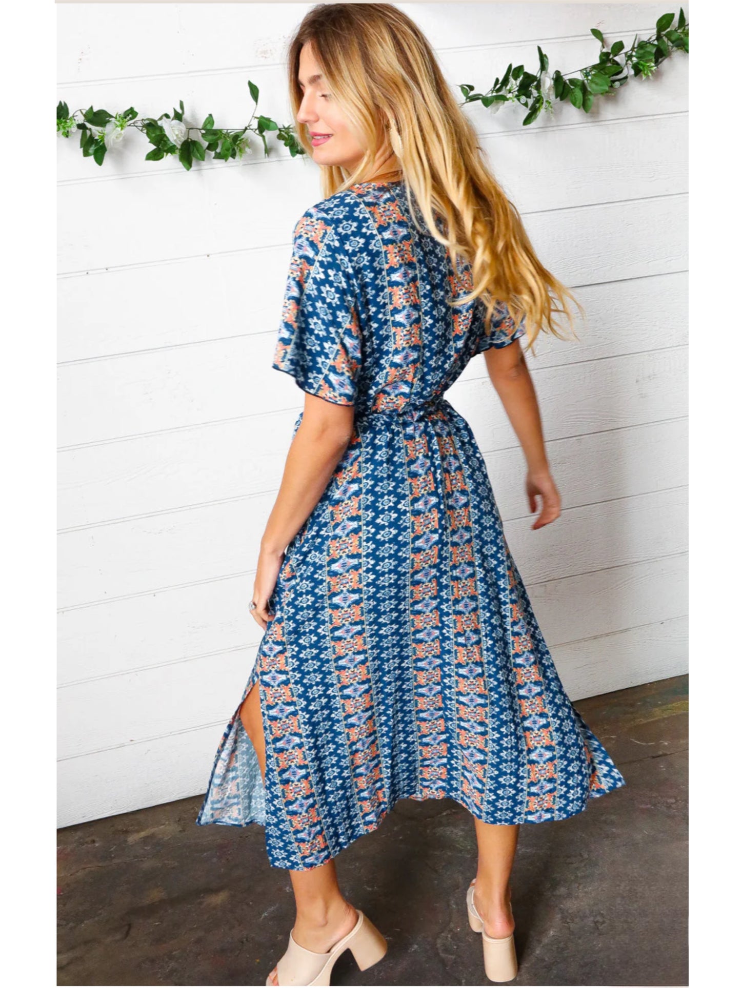 HAPTICS Navy Boho Print Surplice Sash Belt Midi Dress Small Only