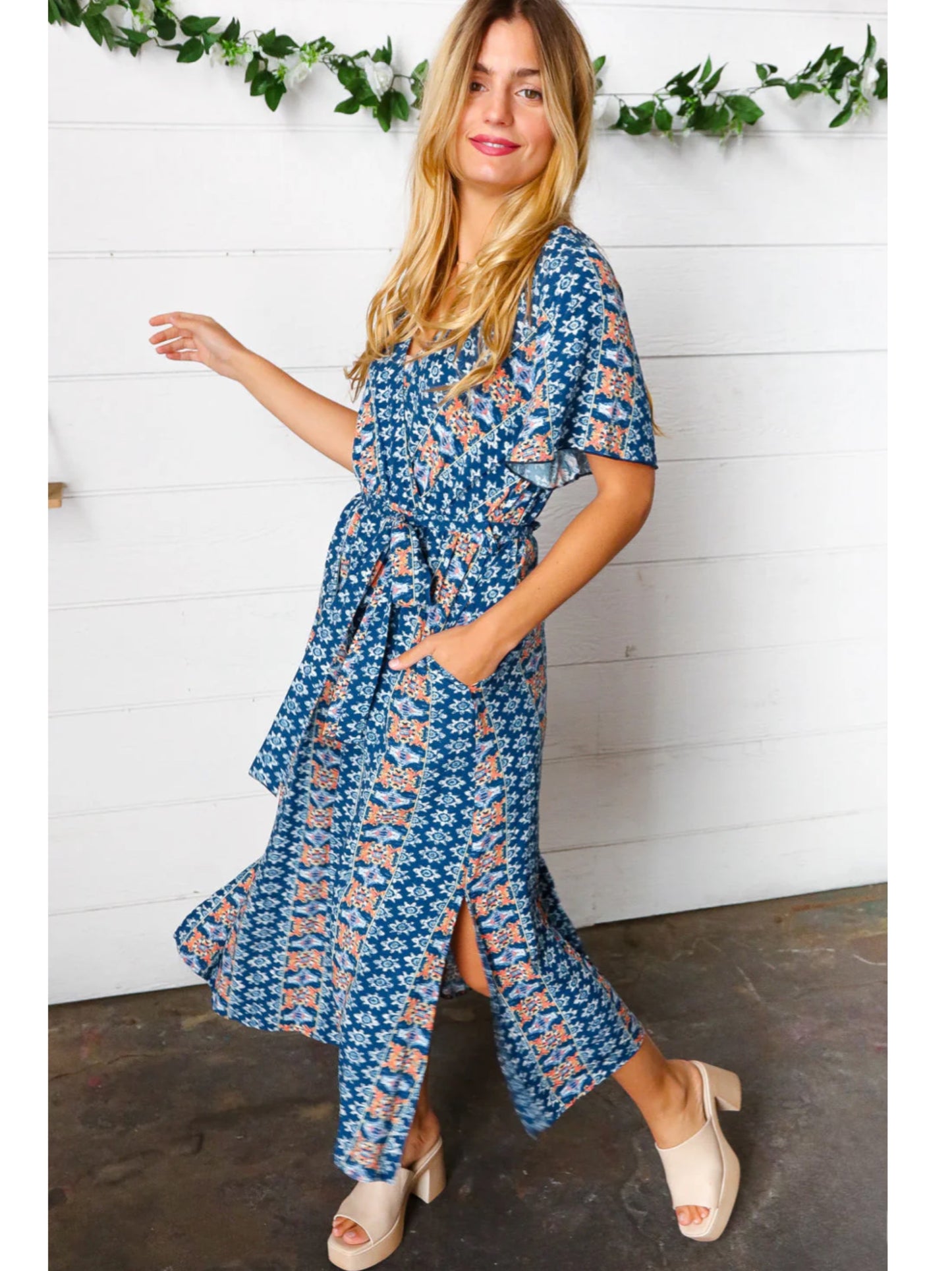 HAPTICS Navy Boho Print Surplice Sash Belt Midi Dress Small Only