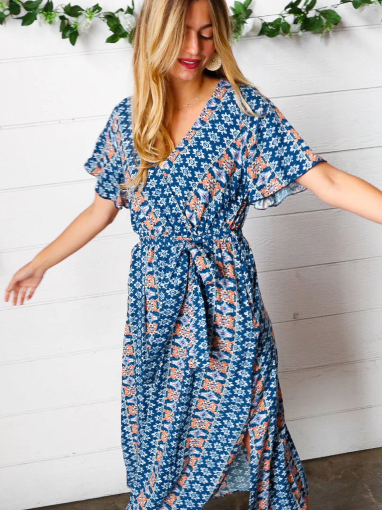 HAPTICS Navy Boho Print Surplice Sash Belt Midi Dress Small Only