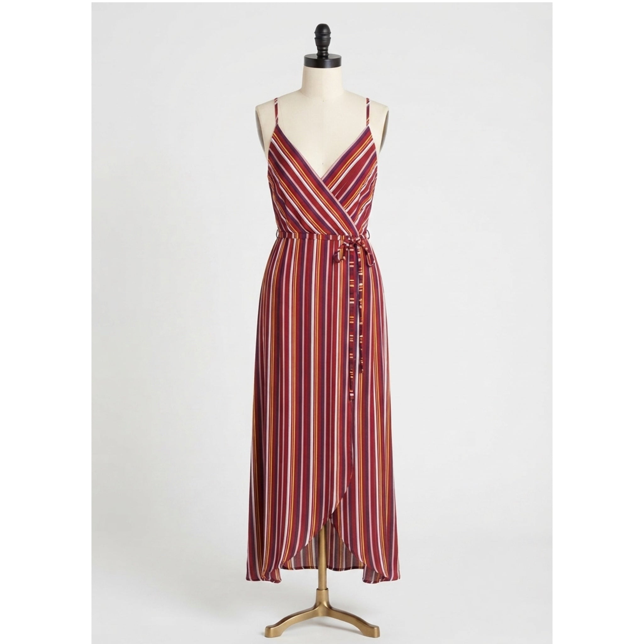 AQUA Women’s Resort Maxi Dress In Wine Stripe Sleeveless Wrap V Neck