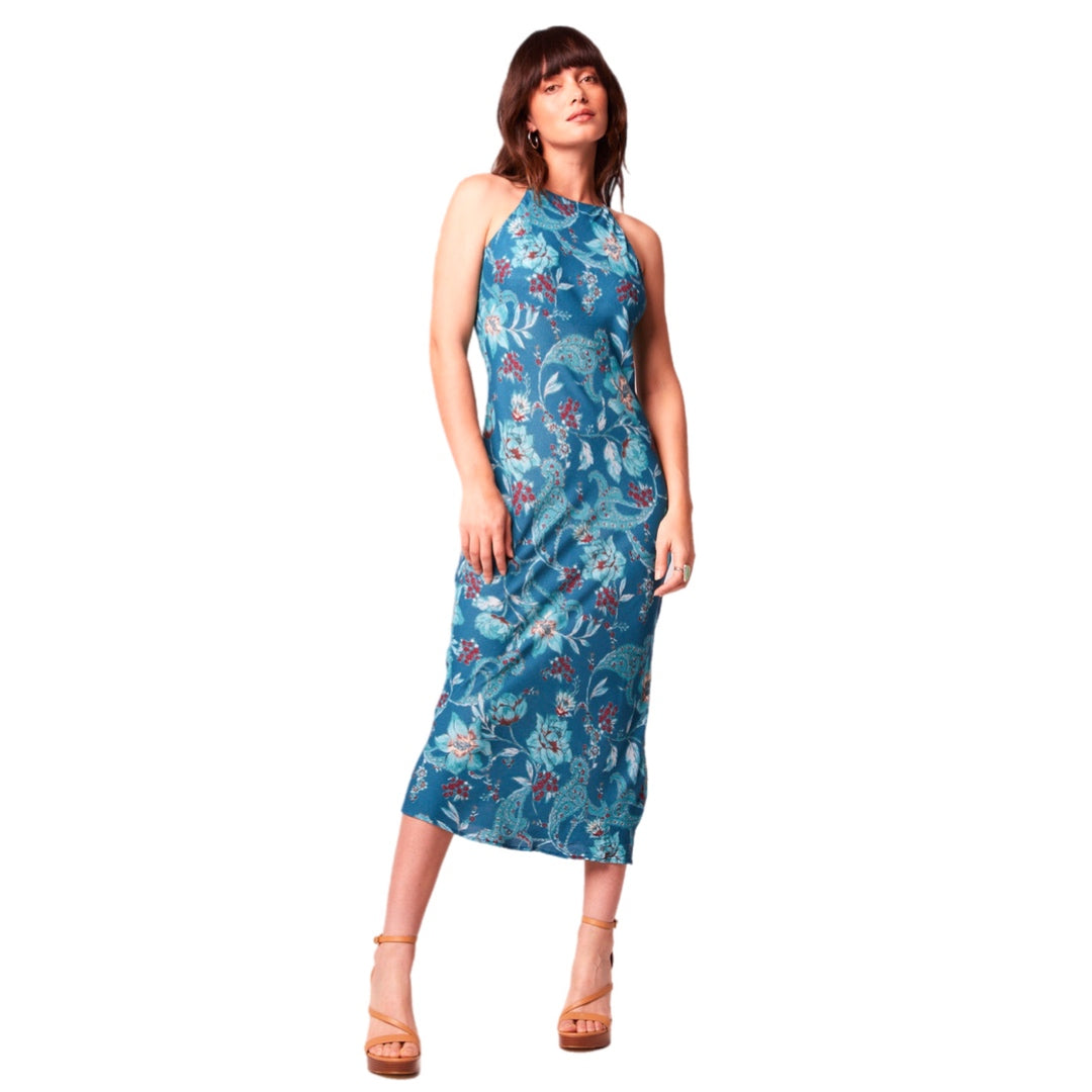 B.O.G. COLLECTIVE BAND OF THE FREE Teal Floral Sleeveless Midi Dress