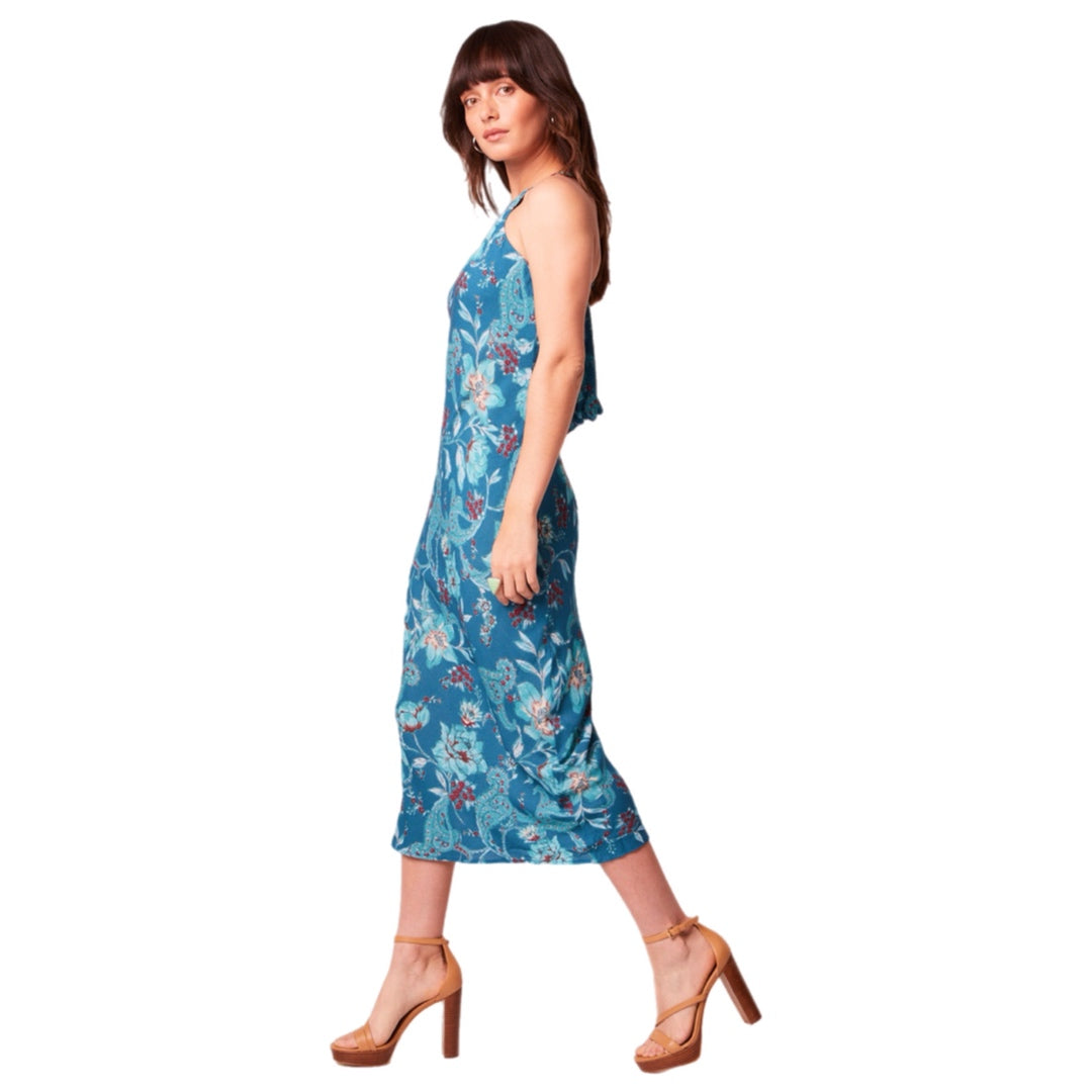 B.O.G. COLLECTIVE BAND OF THE FREE Teal Floral Sleeveless Midi Dress