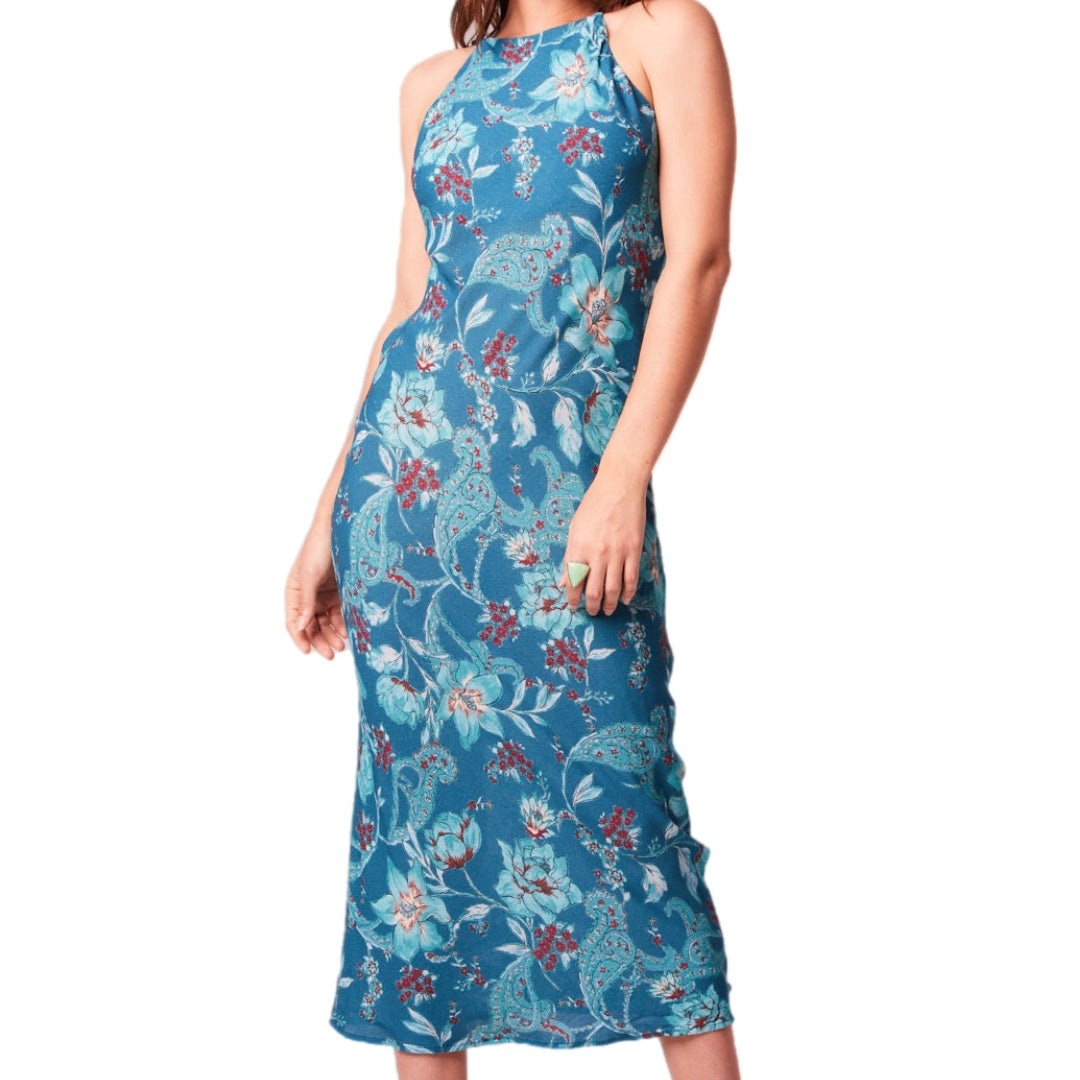 B.O.G. COLLECTIVE BAND OF THE FREE Teal Floral Sleeveless Midi Dress