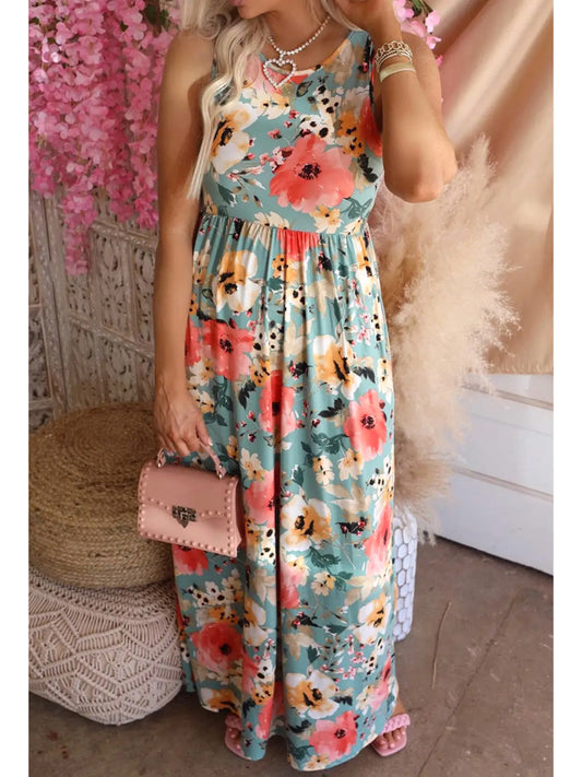 A Walk in the Park Boho Floral Print Sleeveless Maxi Dress with Pockets
