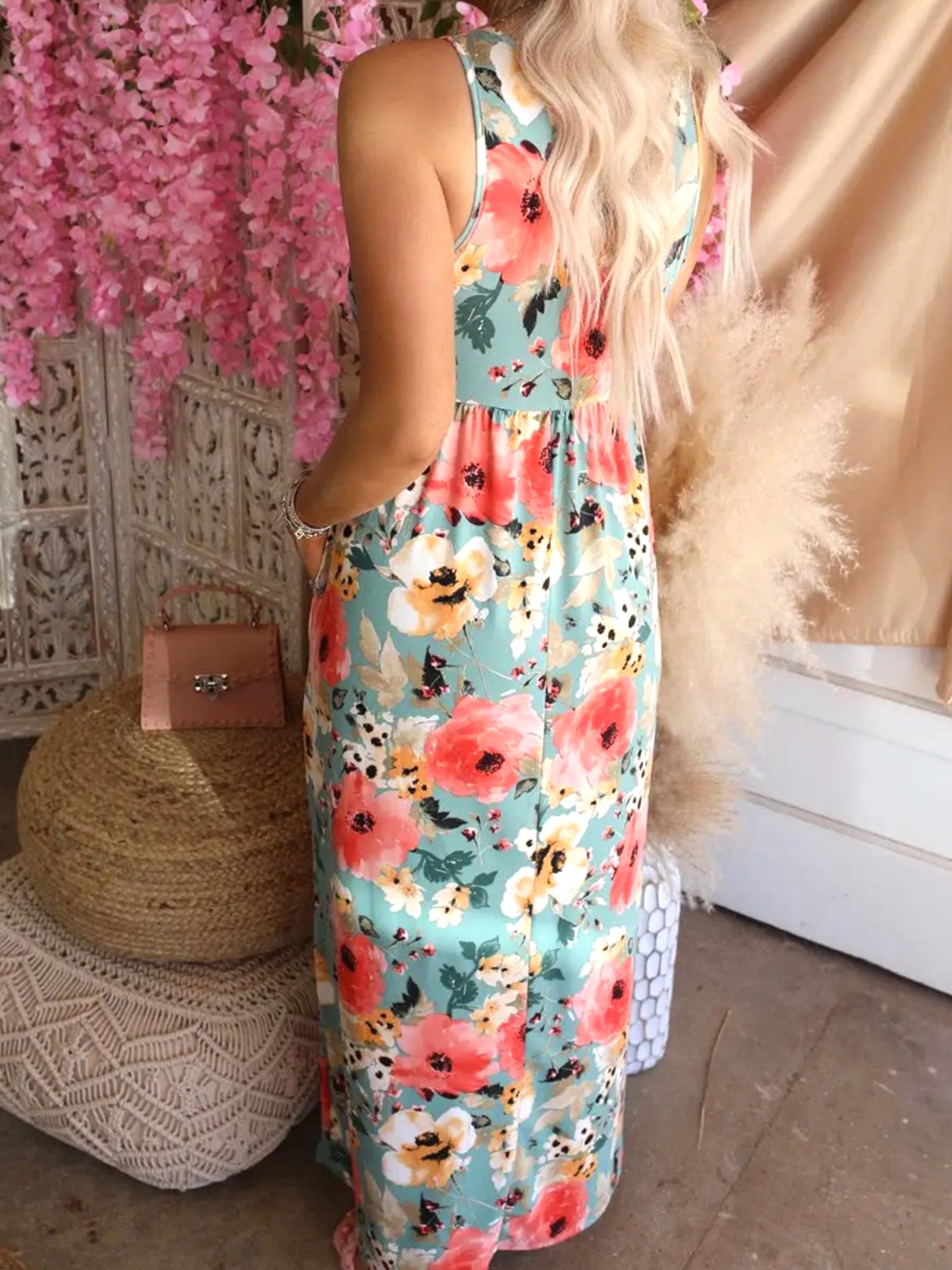 A Walk in the Park Boho Floral Print Sleeveless Maxi Dress with Pockets