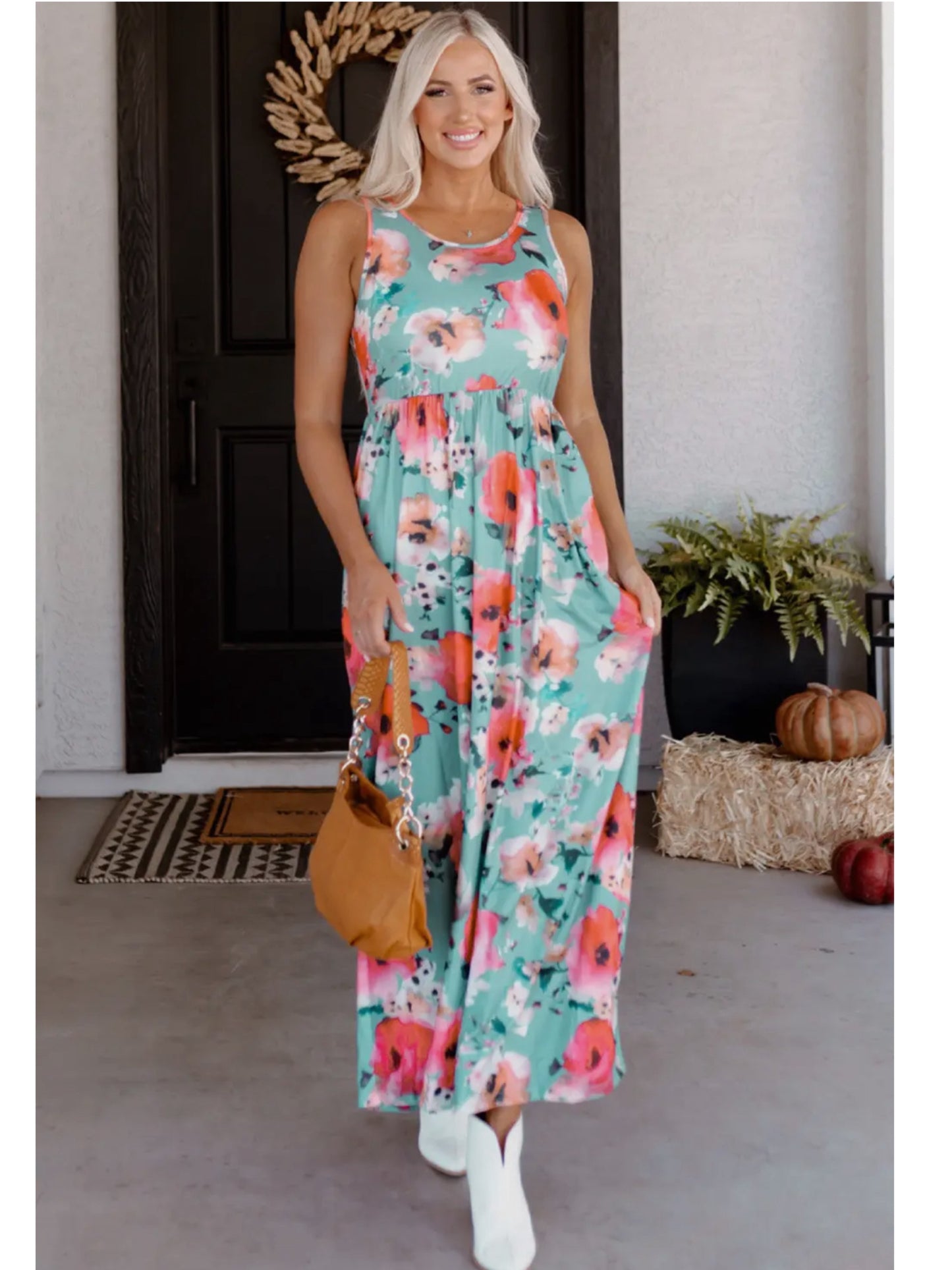 A Walk in the Park Boho Floral Print Sleeveless Maxi Dress with Pockets