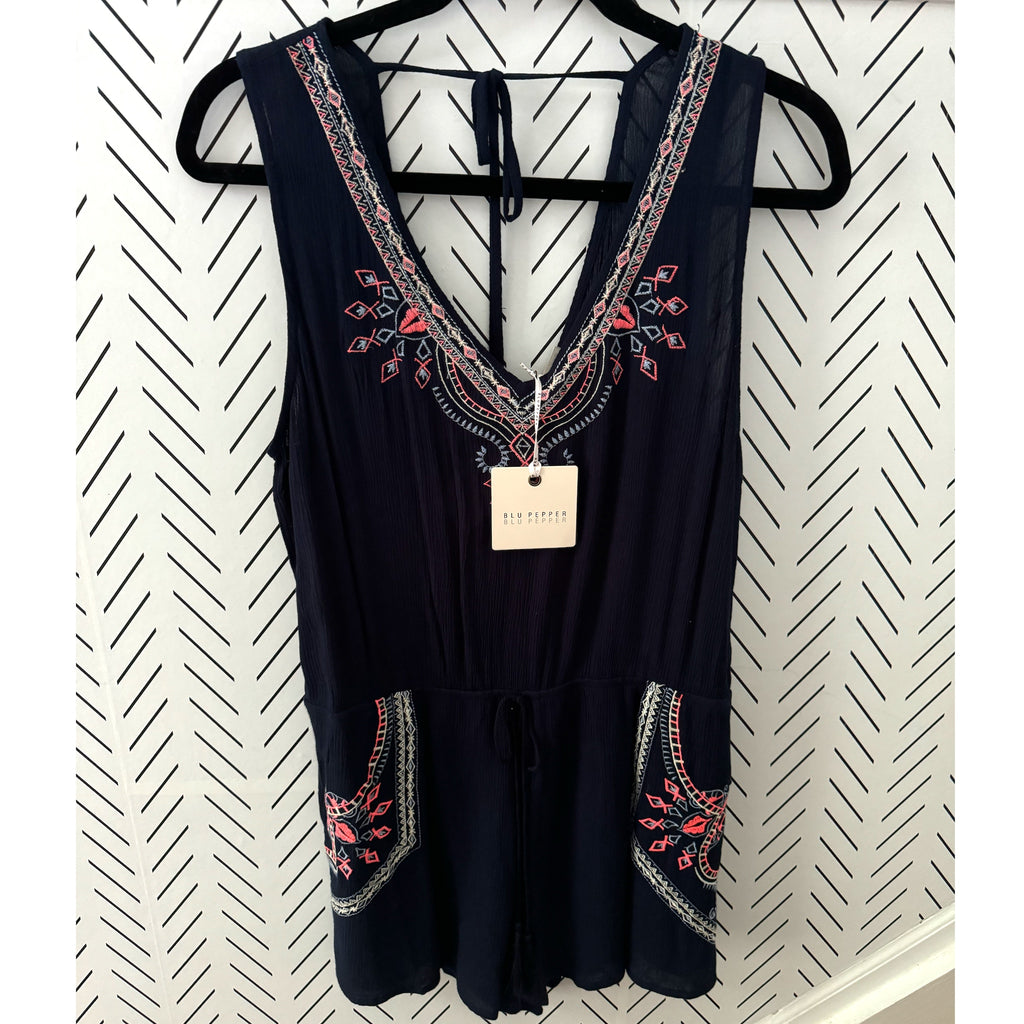 BLU PEPPER Embroidered Summer Tie Romper Sleeveless V Neck Navy
