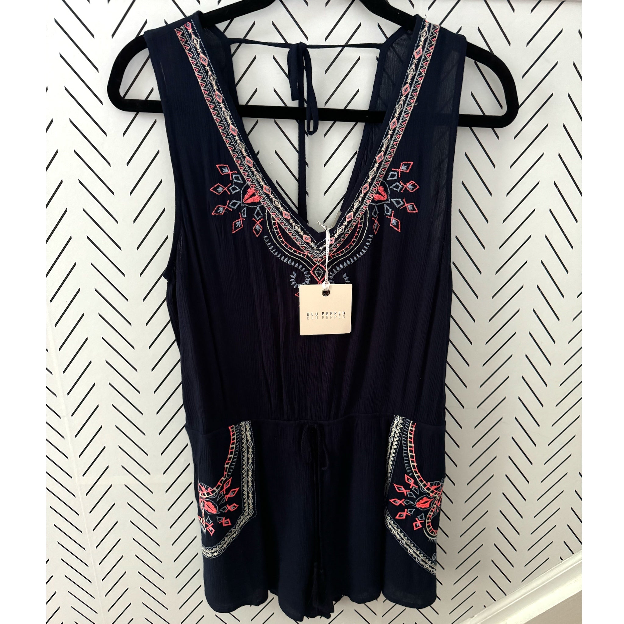 BLU PEPPER Embroidered Summer Tie Romper Sleeveless V Neck Navy