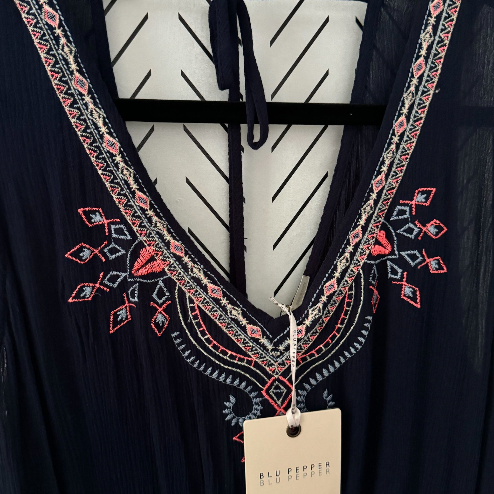 BLU PEPPER Embroidered Summer Tie Romper Sleeveless V Neck Navy