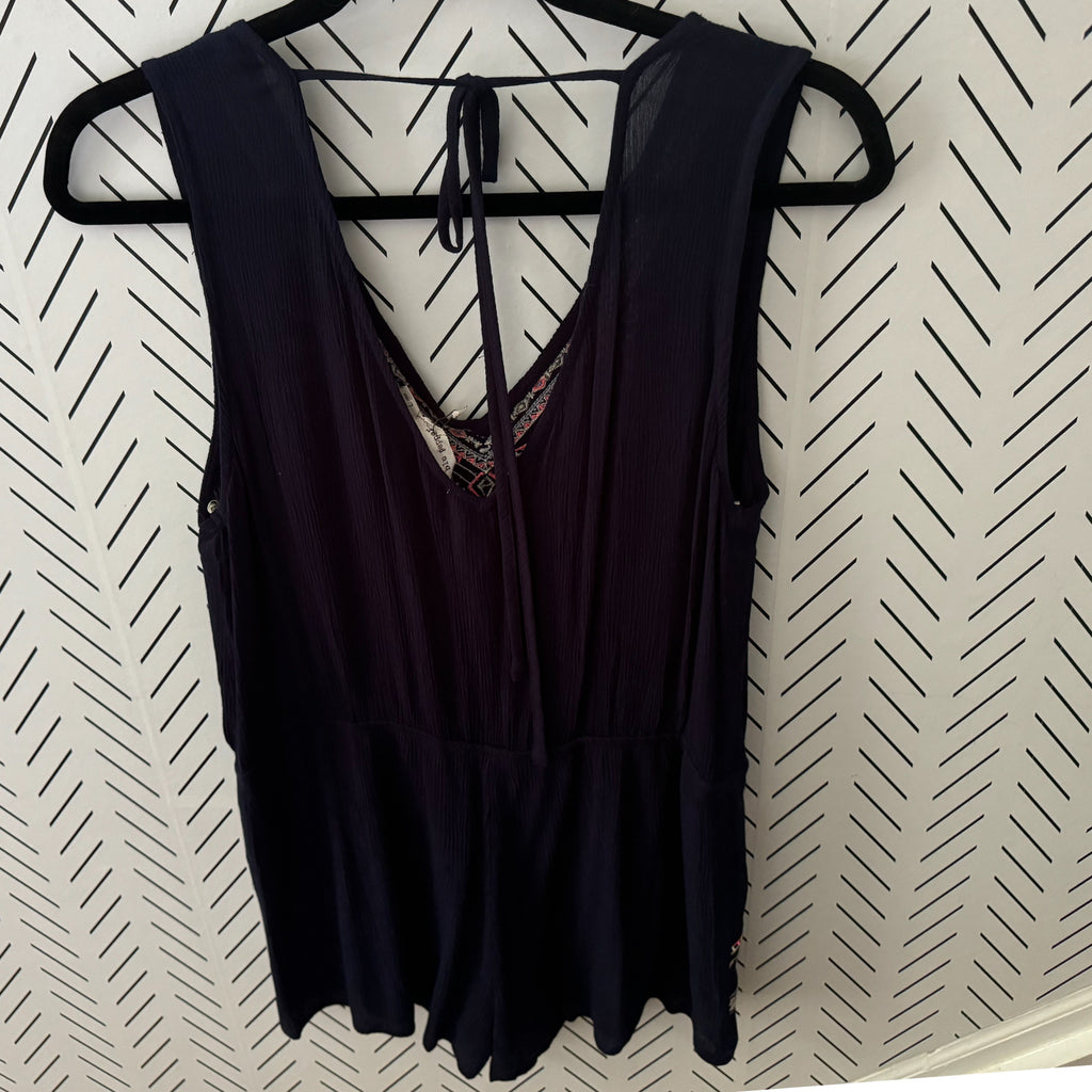 BLU PEPPER Embroidered Summer Tie Romper Sleeveless V Neck Navy