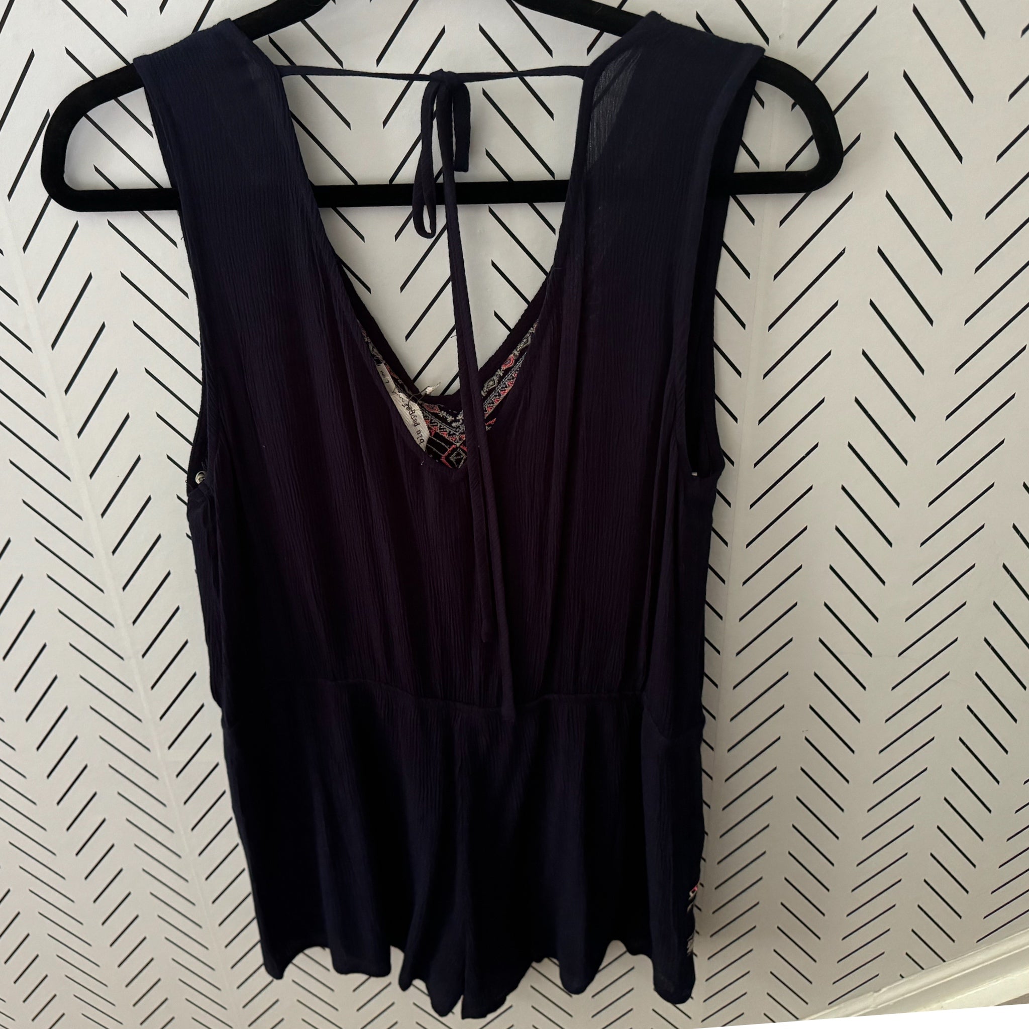 BLU PEPPER Embroidered Summer Tie Romper Sleeveless V Neck Navy