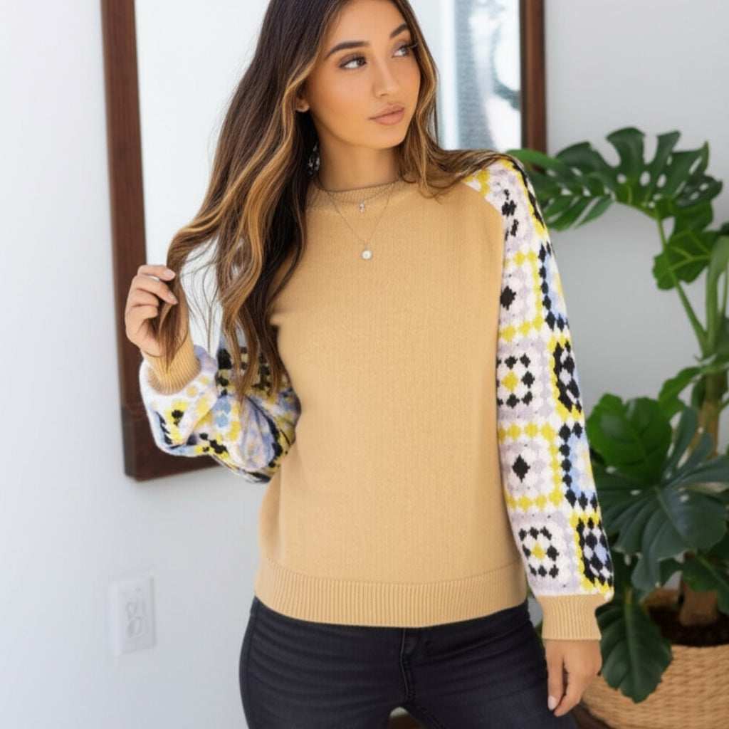 SOUTHERN GRACE Enchanting Crochet Sleeve Yellow Sweater