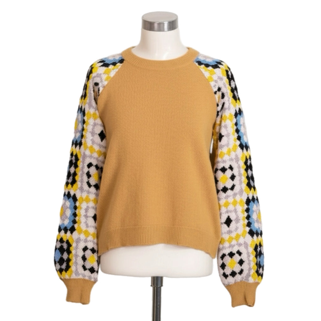 SOUTHERN GRACE Enchanting Crochet Sleeve Yellow Sweater