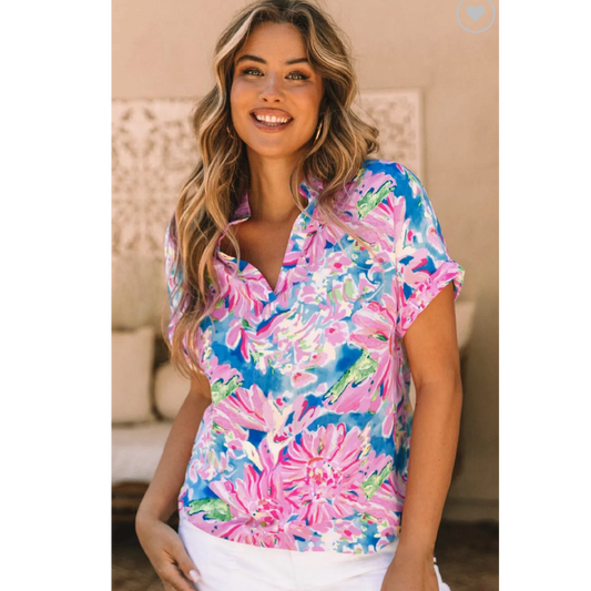 Floral Notch V Neck Blouse Short Sleeve Top XL Only