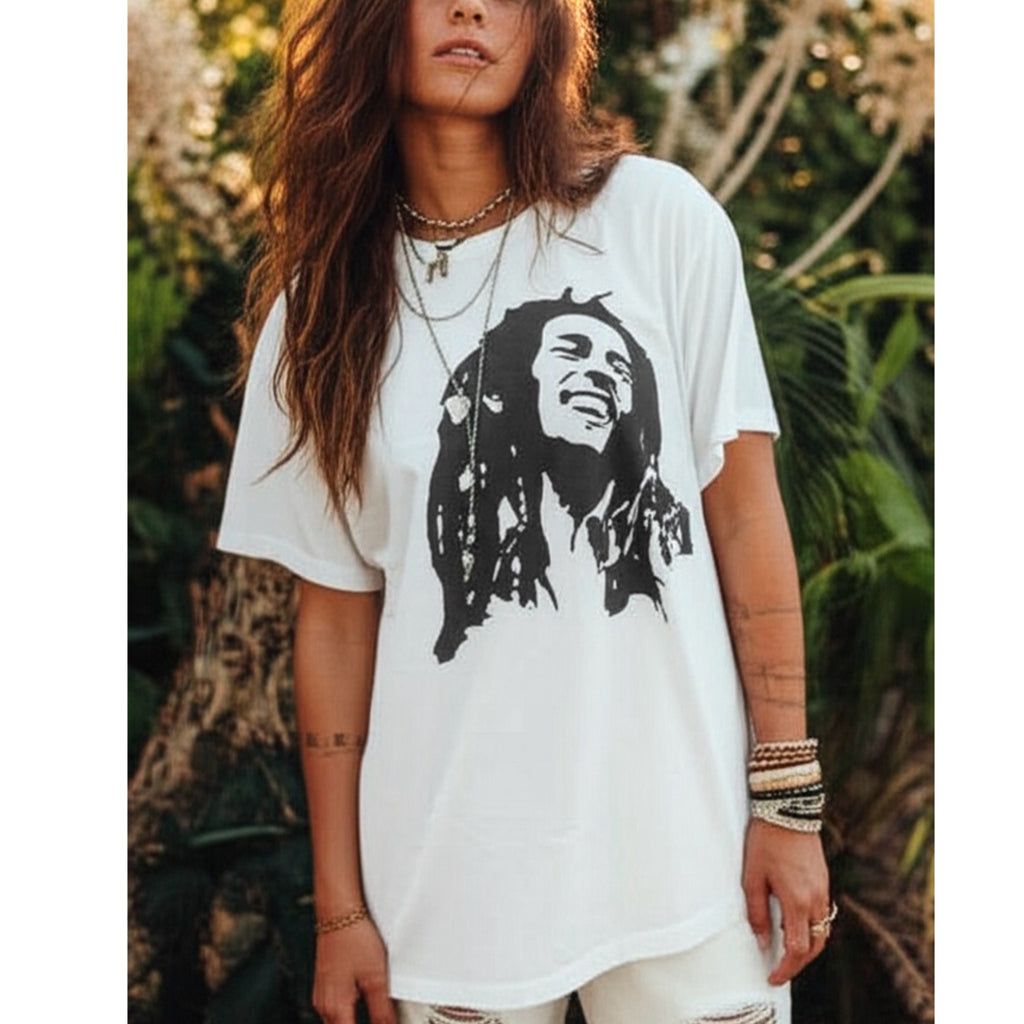 Bob Marley Vintage Inspired 100% Cotton T-Shirt Crew Neck Short Sleeve White Tee Graphic Shirt