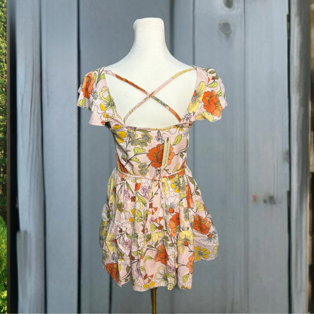 Lottie & Holly B.O.G. COLLECTIVE Floral Dress Blush Pink Rust Ruffle Mini