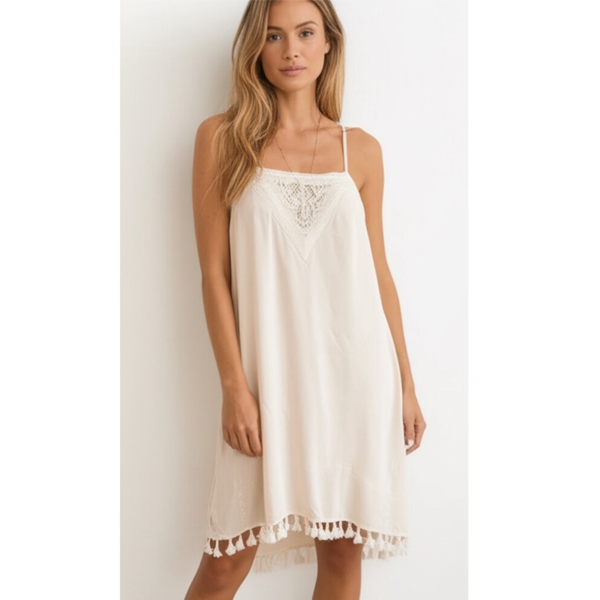 Jodifl Creamy Blush Strappy Boho Tassel Beaded Mini Dress