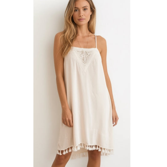 Jodifl Creamy Blush Strappy Boho Tassel Beaded Mini Dress