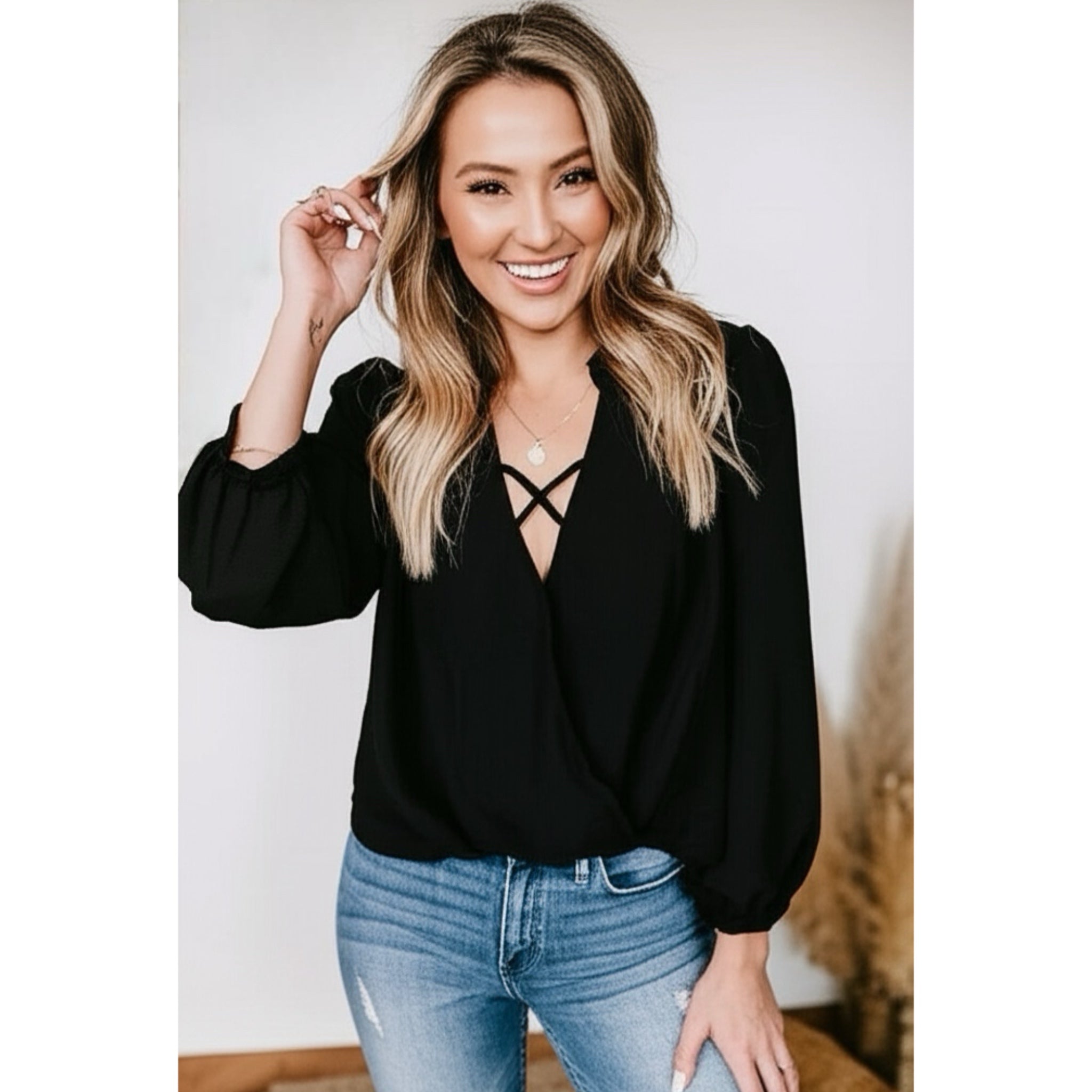 BAND OF THE FREE Hallie Black Crossover Long Sleeve Blouse V Neck