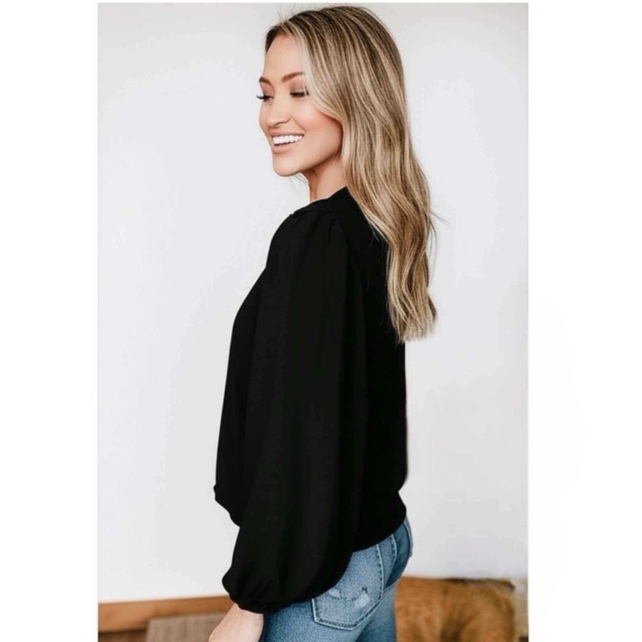 BAND OF THE FREE Hallie Black Crossover Long Sleeve Blouse V Neck