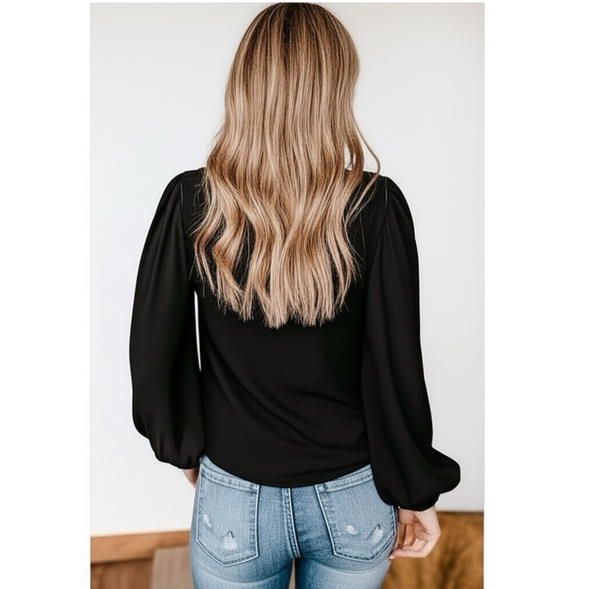 BAND OF THE FREE Hallie Black Crossover Long Sleeve Blouse V Neck