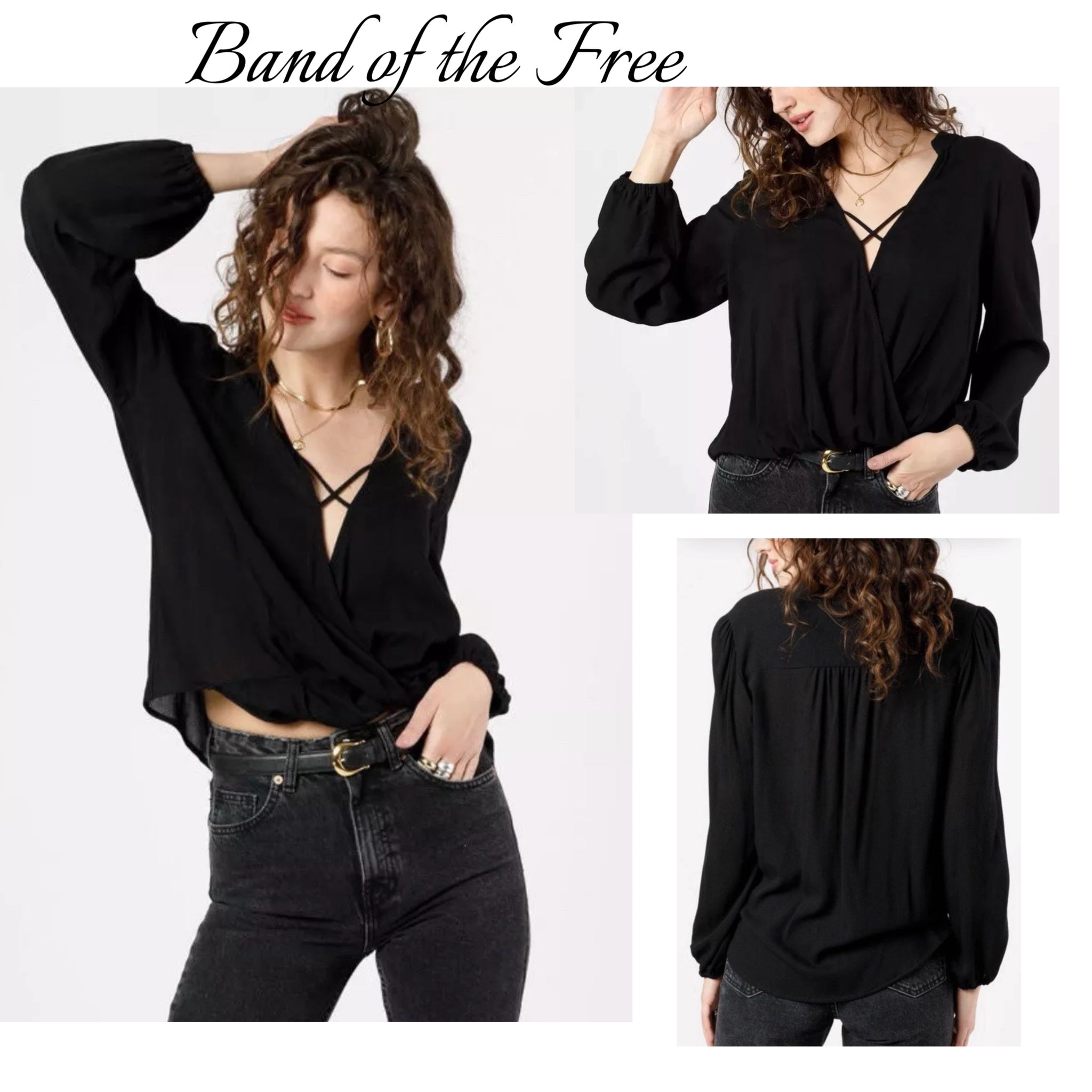 BAND OF THE FREE Hallie Black Crossover Long Sleeve Blouse V Neck