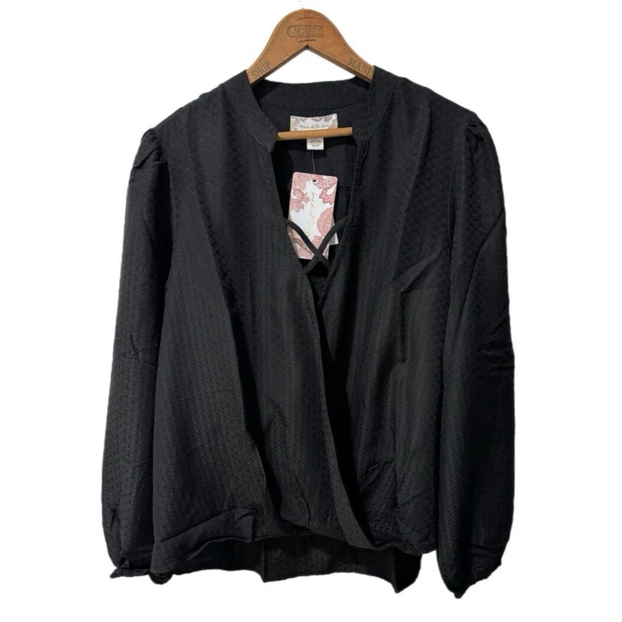 BAND OF THE FREE Hallie Black Crossover Long Sleeve Blouse V Neck