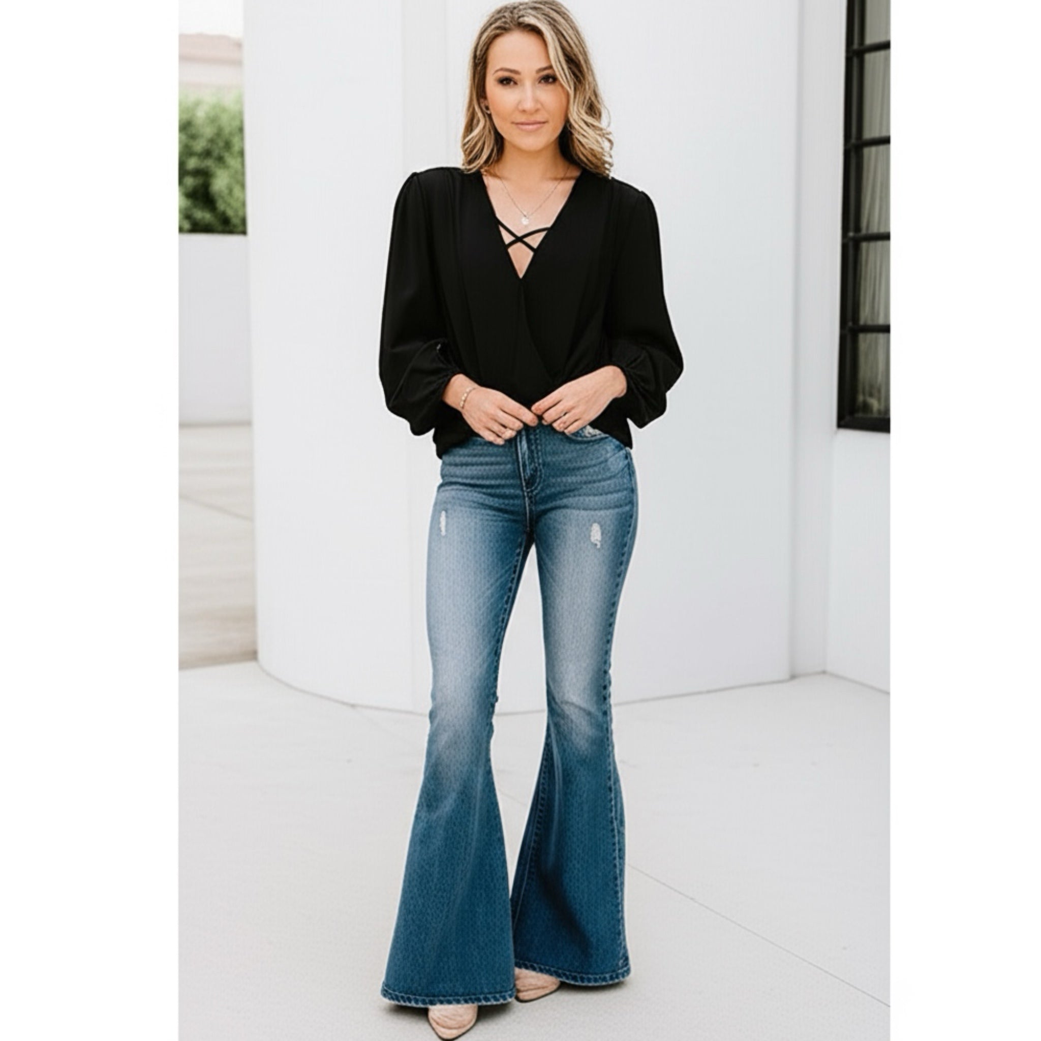BAND OF THE FREE Hallie Black Crossover Long Sleeve Blouse V Neck