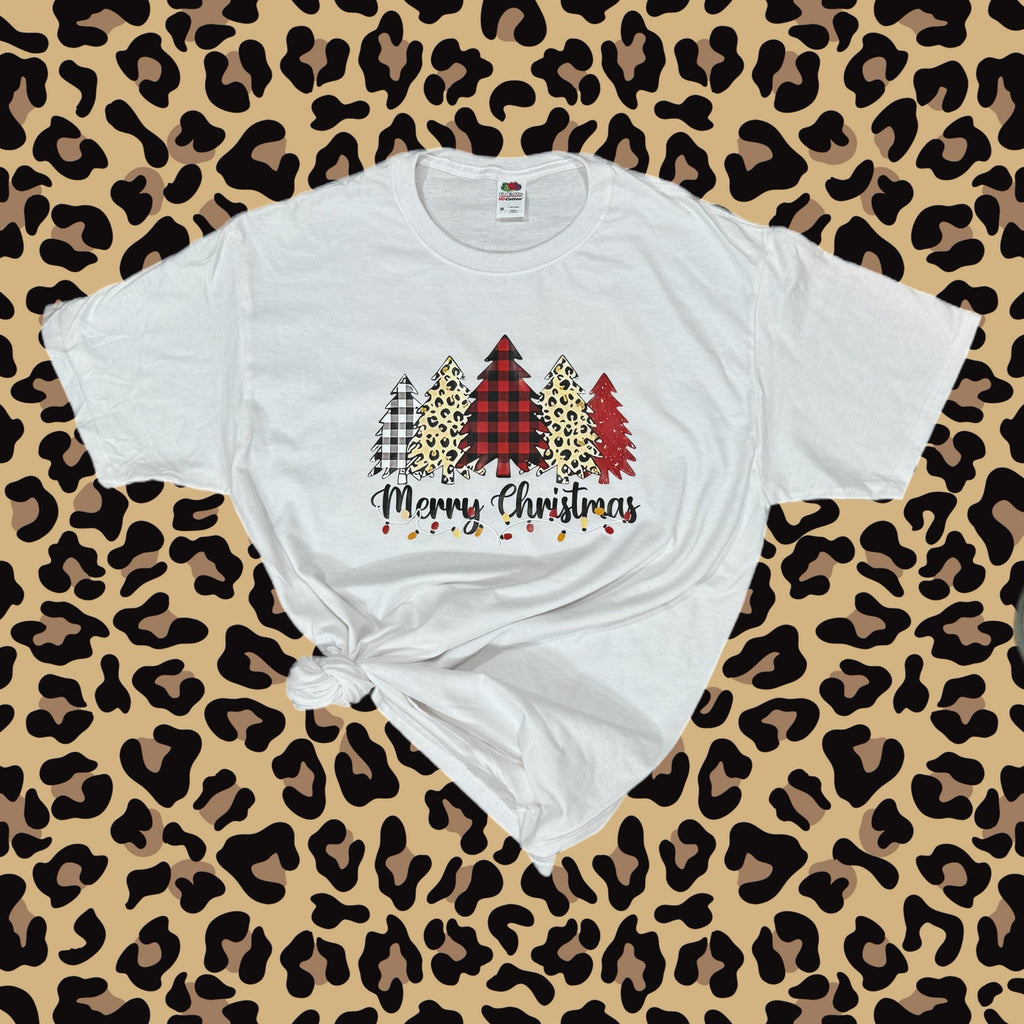 Merry Christmas Plaid Leopard Print Tree Graphic Oversized Cotton T Shirt