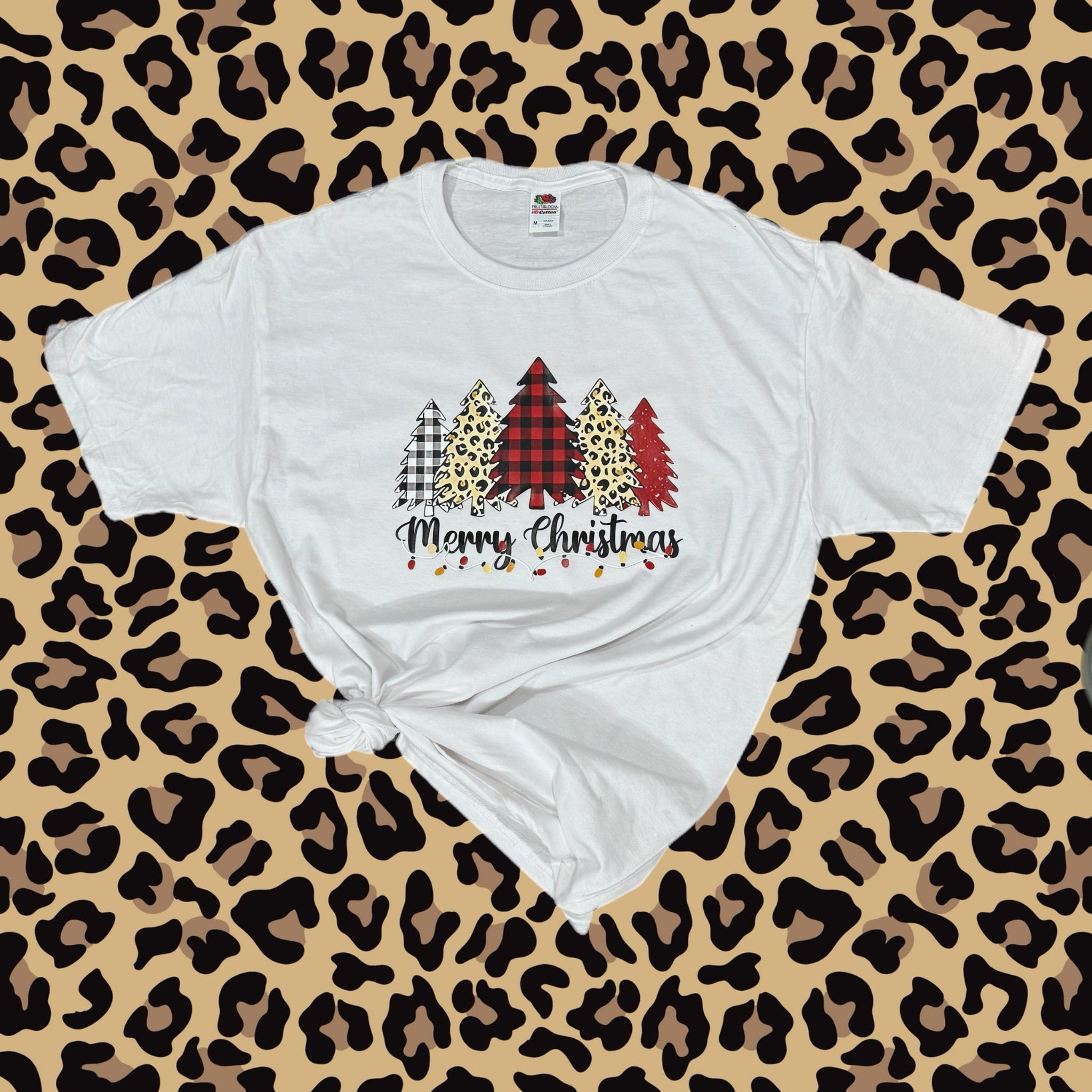 Merry Christmas Plaid Leopard Print Tree Graphic Oversized Cotton T Shirt