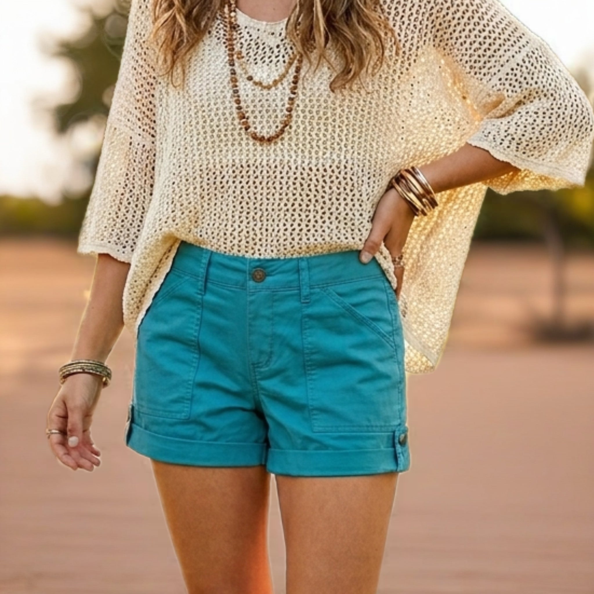 Cosmic Blue Love Ocean Blue Rolled Hem Shorts Mid Rise