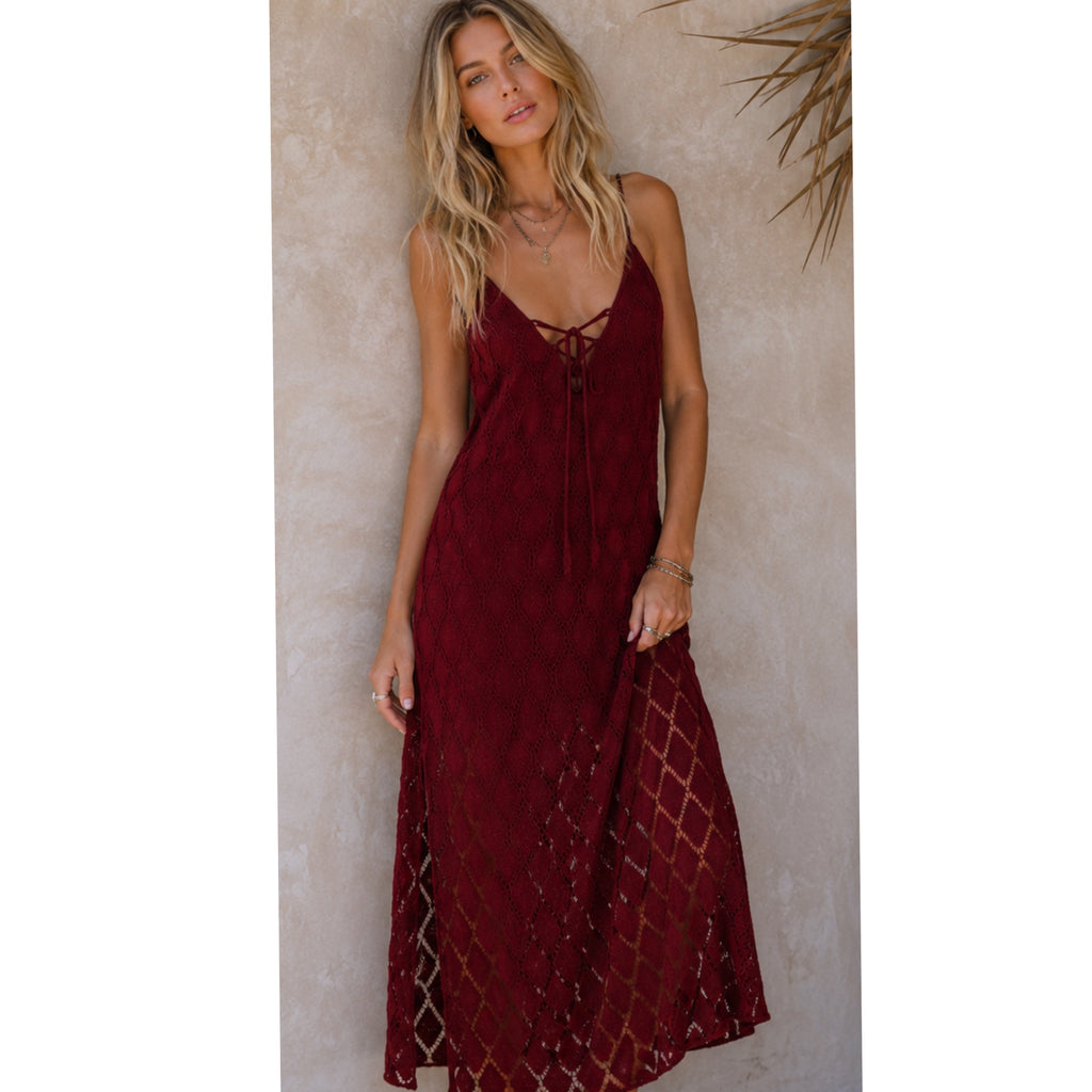 BAND OF THE FREE Lila Burgundy Autumn Slit Midi Dress Sleeveless Boho