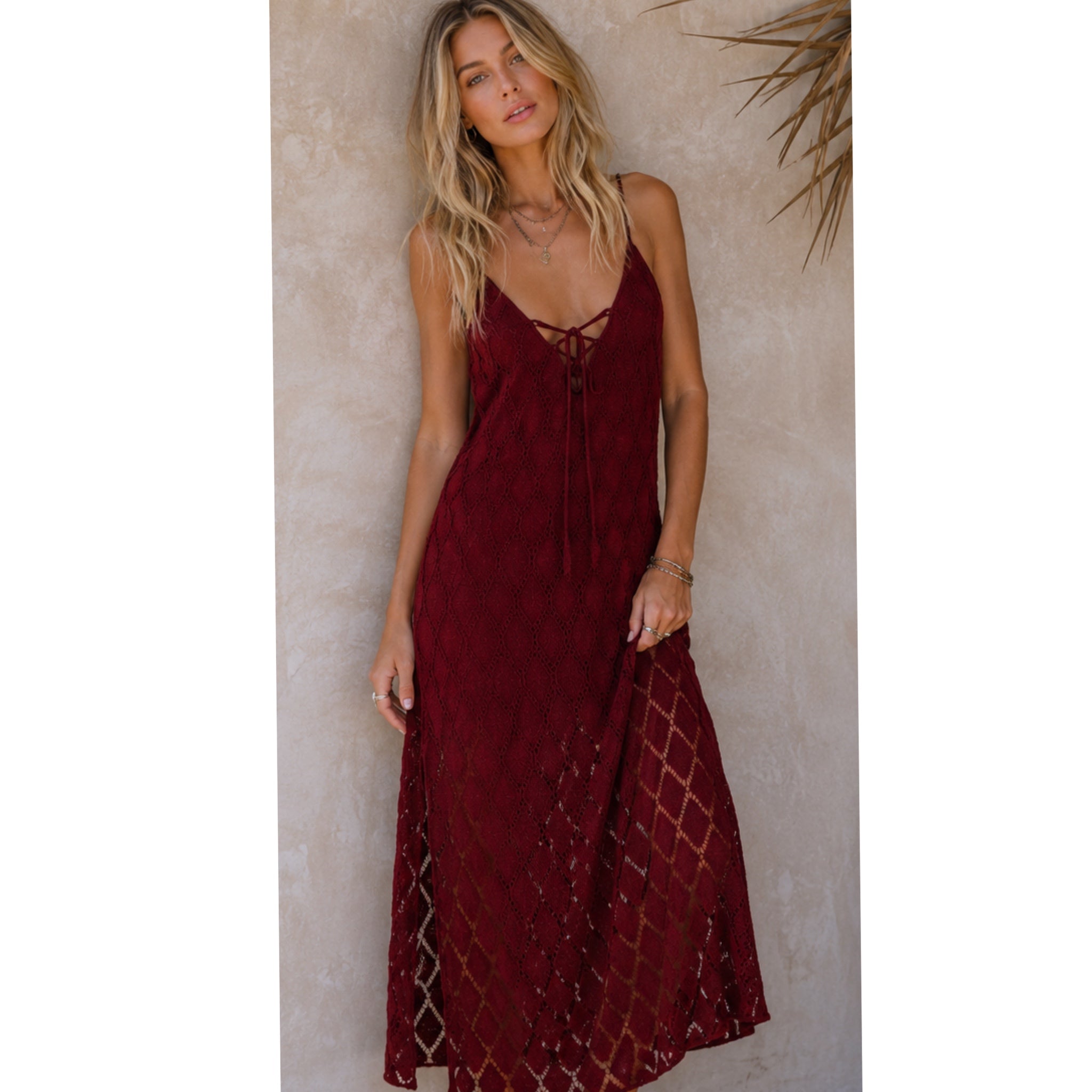 BAND OF THE FREE Lila Burgundy Autumn Slit Midi Dress Sleeveless Boho