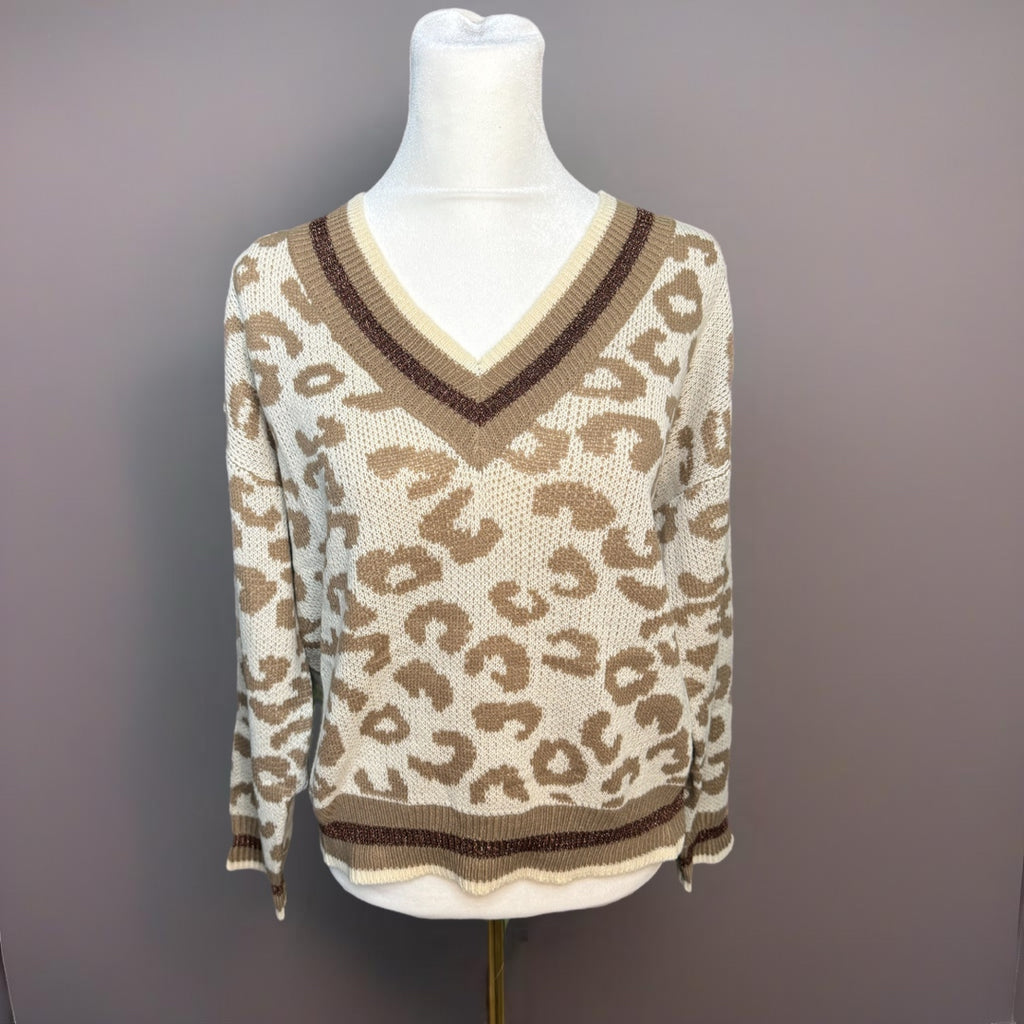 FUNKITRIBE Animal Print Light Knit V Neck Drop Shoulder Winter Sweater Sparkle Accents