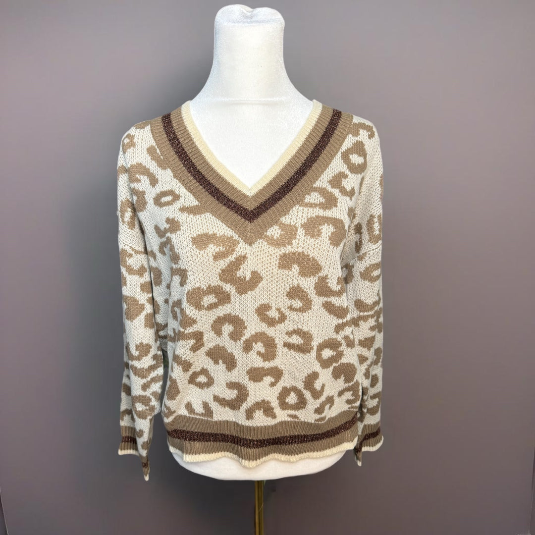 FUNKITRIBE Animal Print Light Knit V Neck Drop Shoulder Winter Sweater Sparkle Accents