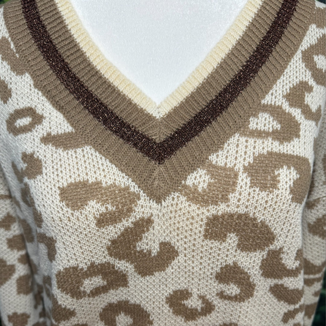 FUNKITRIBE Animal Print Light Knit V Neck Drop Shoulder Winter Sweater Sparkle Accents