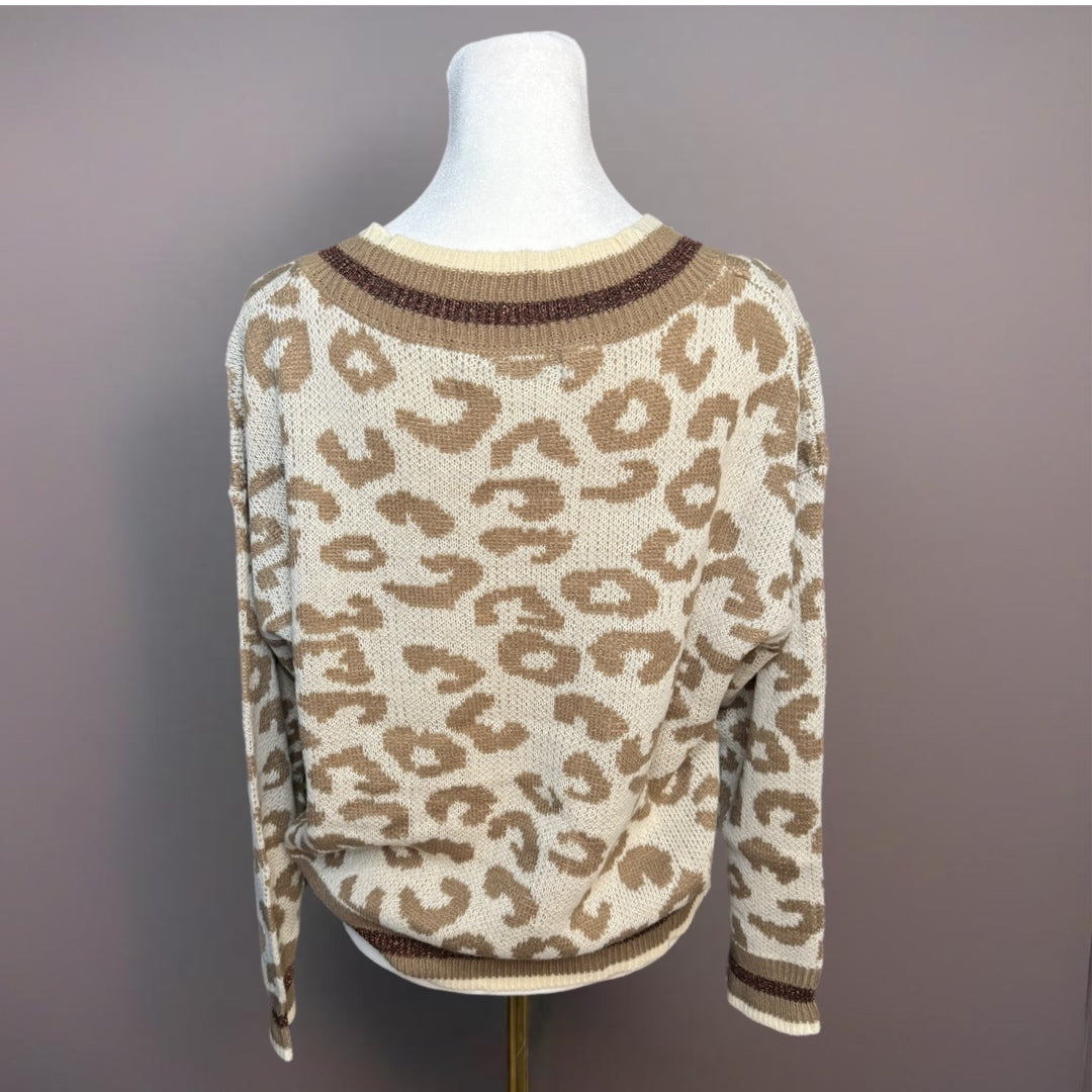 FUNKITRIBE Animal Print Light Knit V Neck Drop Shoulder Winter Sweater Sparkle Accents