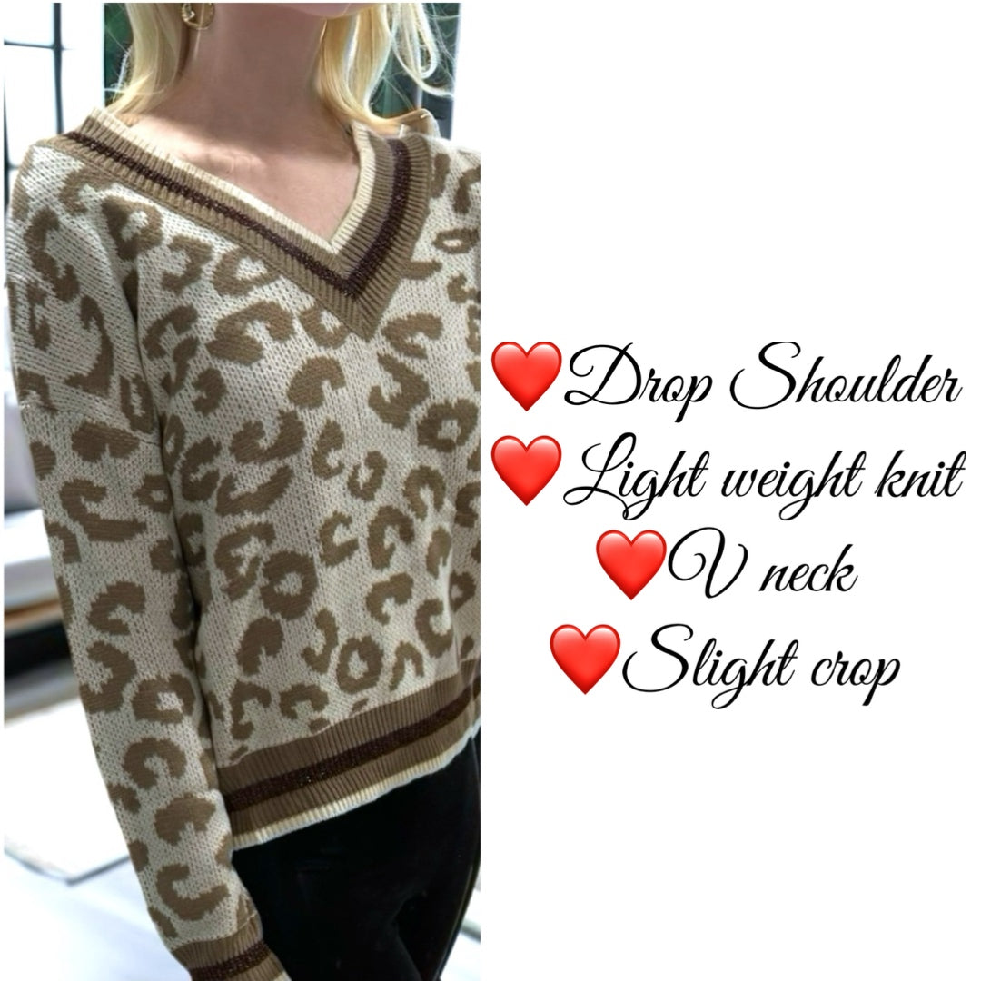 FUNKITRIBE Animal Print Light Knit V Neck Drop Shoulder Winter Sweater Sparkle Accents