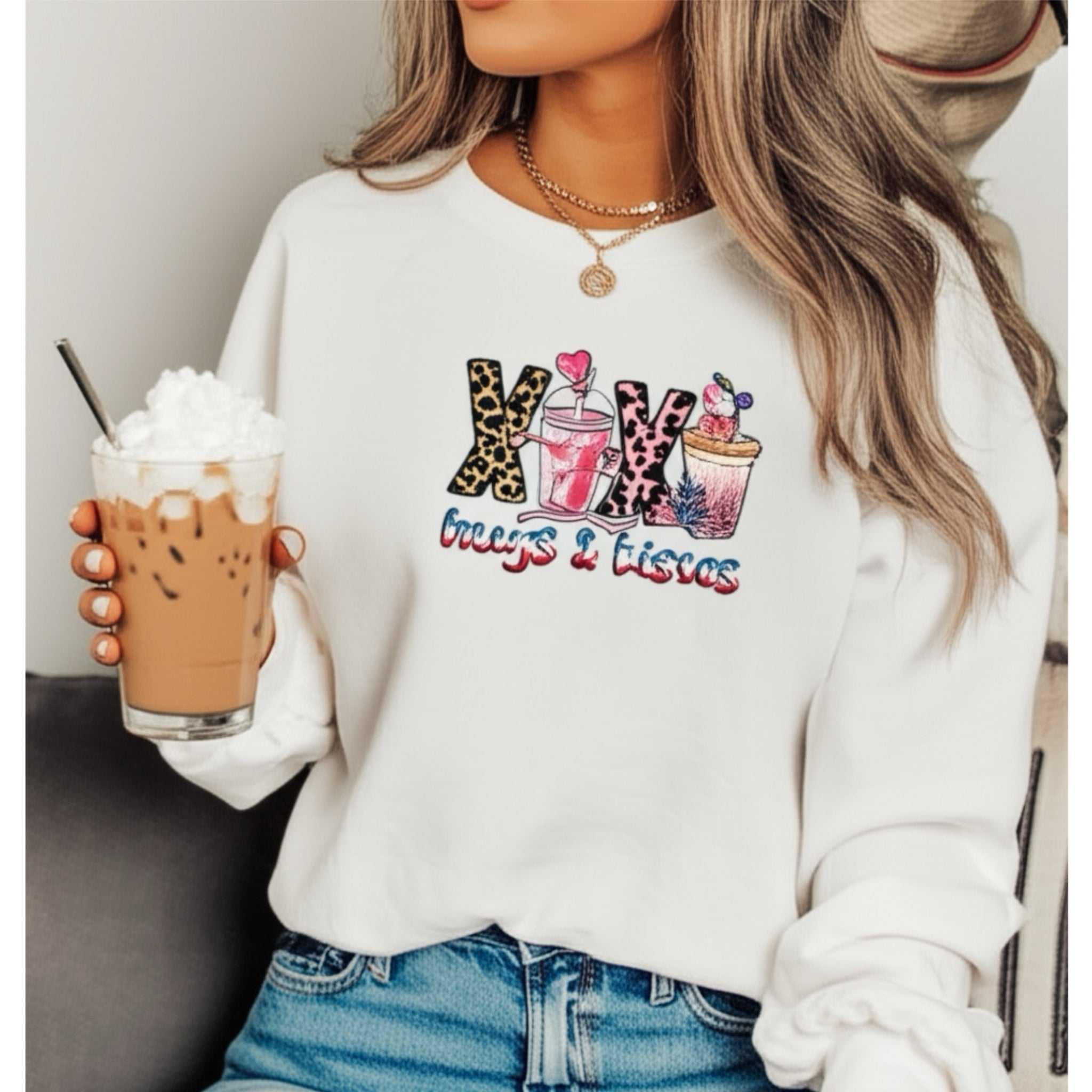 HUGS & KISSES Adult Sweatshirt Coffee Love Graphic Hearts White