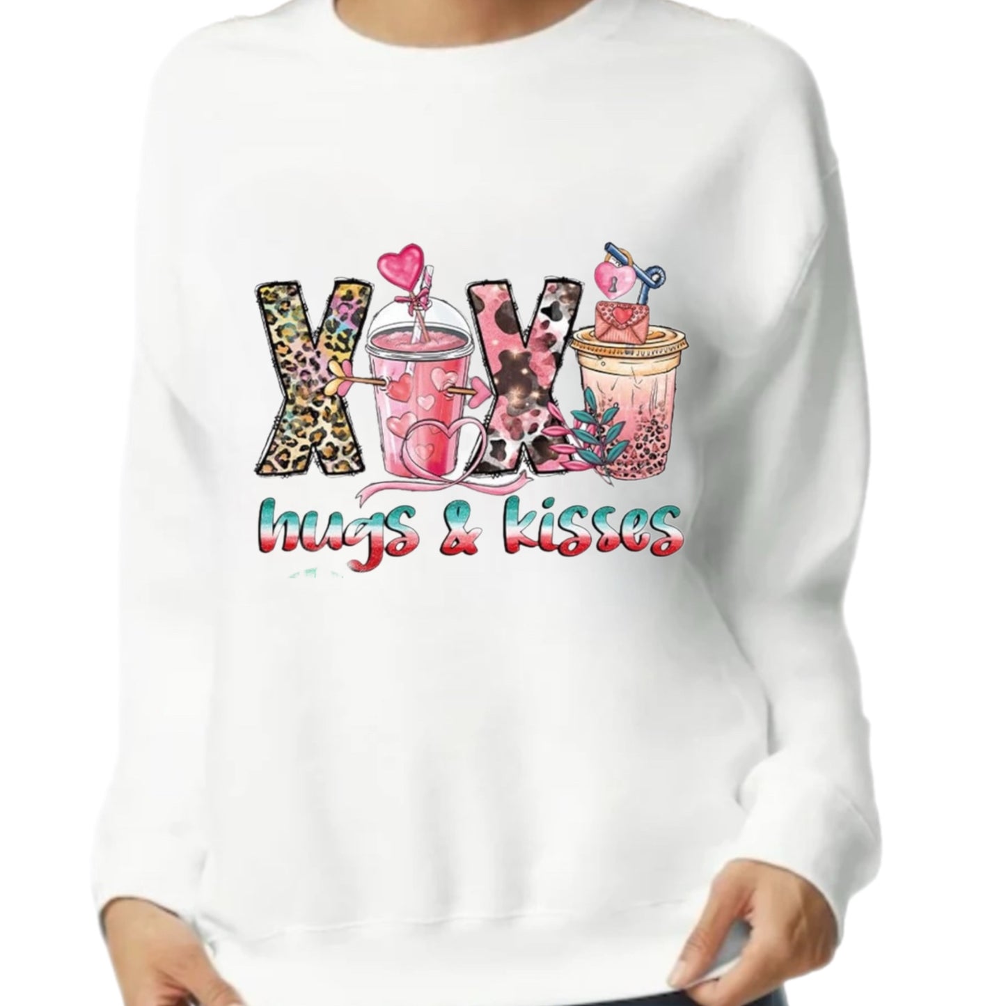 HUGS & KISSES Adult Sweatshirt Coffee Love Graphic Hearts White